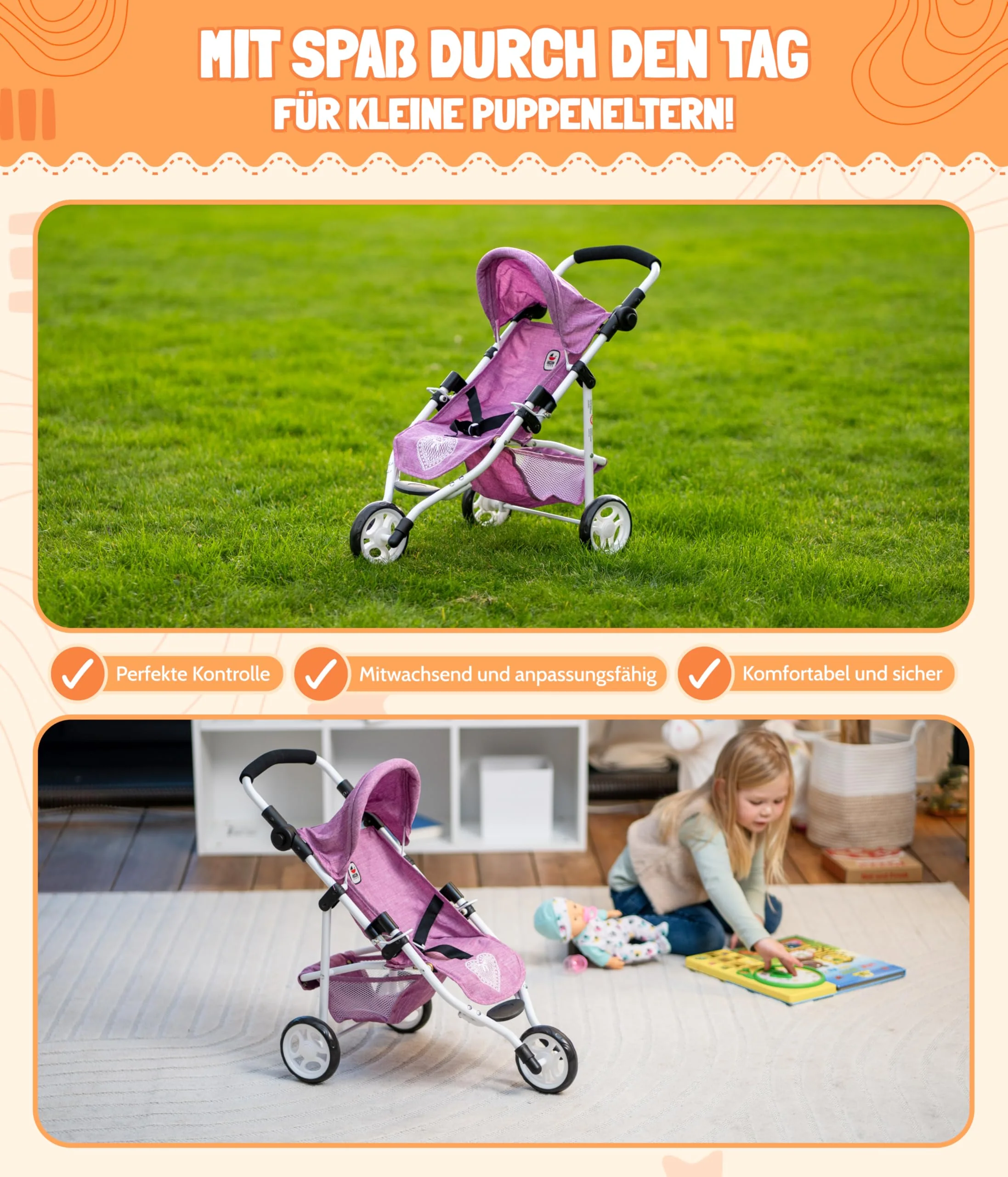 Bayer Chic 2000 - 61276 - Puppenbuggy Lola, Jogging-Buggy, Puppenjogger, Puppenwagen, Jeans grau, 70 x 33 x 62 cm - Image 6