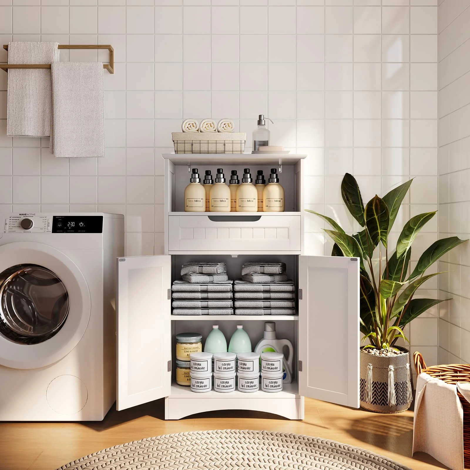 Bealife Badezimmerschrank, Badezimmer-Aufbewahrungsschränke mit großer Schublade, 2 Türen mit verstellbaren Regalen für Badezimmer, Wohnzimmer, Schlafzimmer, 108 x 60 x 30 cm, Weiß - Image 3
