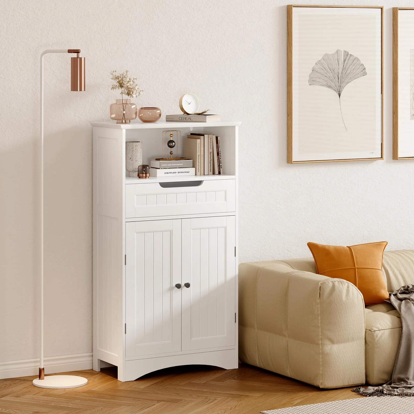 Bealife Badezimmerschrank, Badezimmer-Aufbewahrungsschränke mit großer Schublade, 2 Türen mit verstellbaren Regalen für Badezimmer, Wohnzimmer, Schlafzimmer, 108 x 60 x 30 cm, Weiß - Image 4