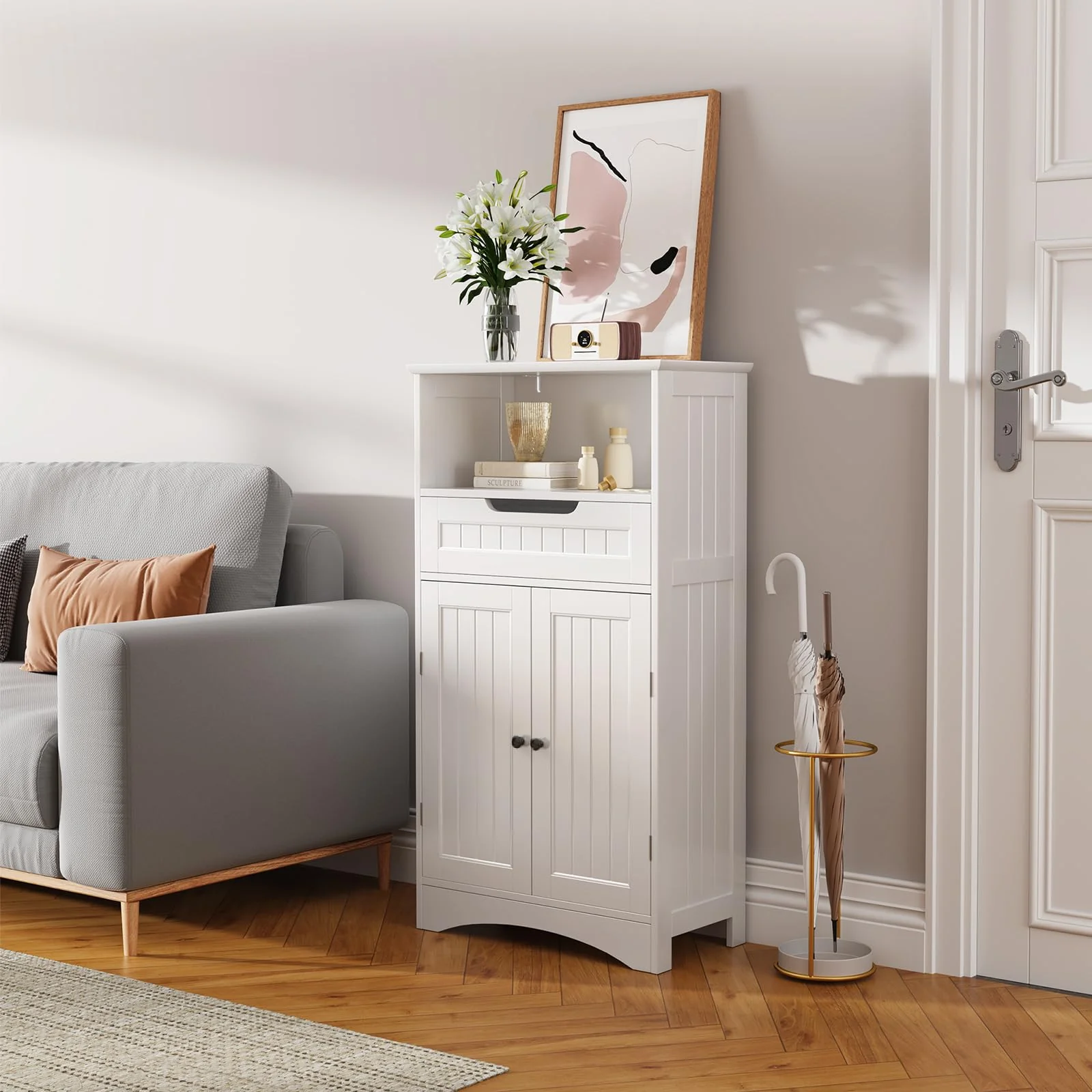 Bealife Badezimmerschrank, Badezimmer-Aufbewahrungsschränke mit großer Schublade, 2 Türen mit verstellbaren Regalen für Badezimmer, Wohnzimmer, Schlafzimmer, 108 x 60 x 30 cm, Weiß - Image 5