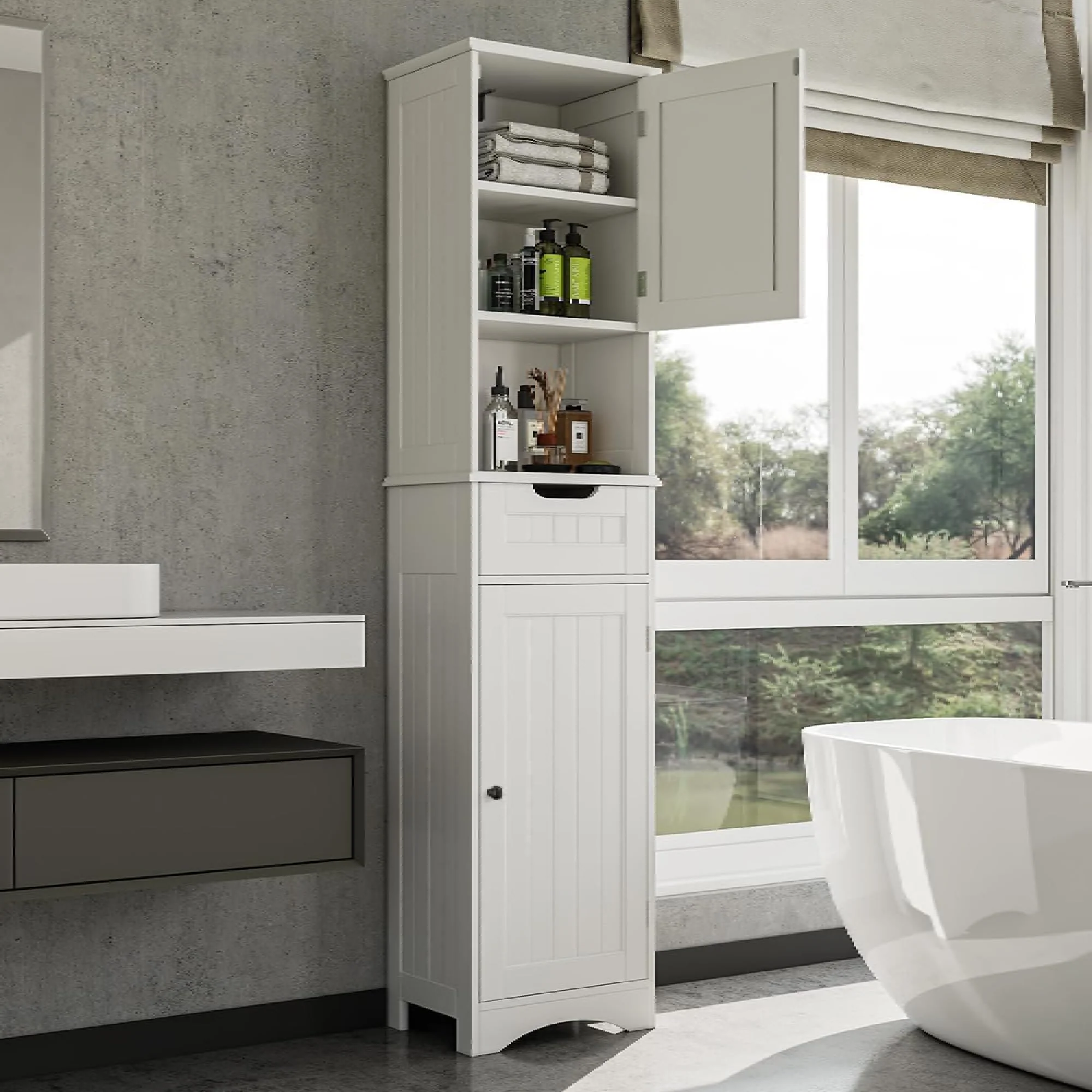 Bealife Hochschrank Badezimmer, 170x40x30cm Badschrank mit verstellbaren Regalen, Badezimmerschrank mit offenem Fach, Schublade und Türen für Badezimmer, Wohnzimmer, Schlafzimmer - Weiß - Image 2
