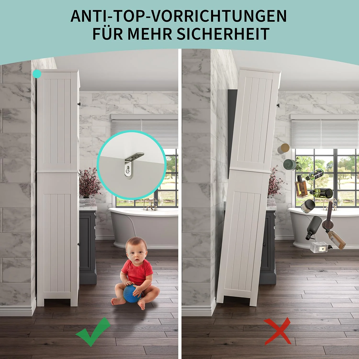 Bealife Hochschrank Badezimmer, 170x40x30cm Badschrank mit verstellbaren Regalen, Badezimmerschrank mit offenem Fach, Schublade und Türen für Badezimmer, Wohnzimmer, Schlafzimmer - Weiß - Image 4
