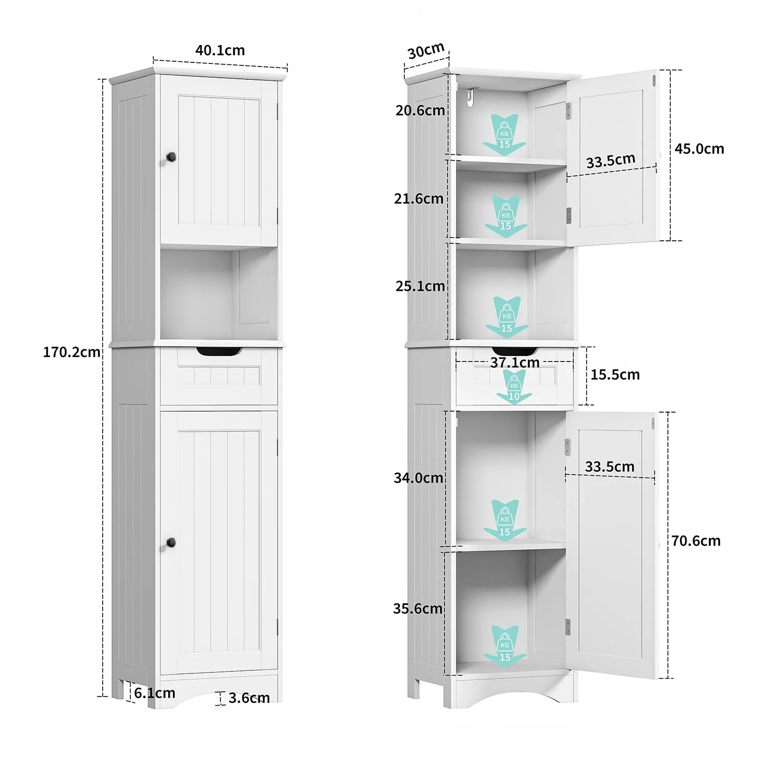 Bealife Hochschrank Badezimmer, 170x40x30cm Badschrank mit verstellbaren Regalen, Badezimmerschrank mit offenem Fach, Schublade und Türen für Badezimmer, Wohnzimmer, Schlafzimmer - Weiß - Image 5
