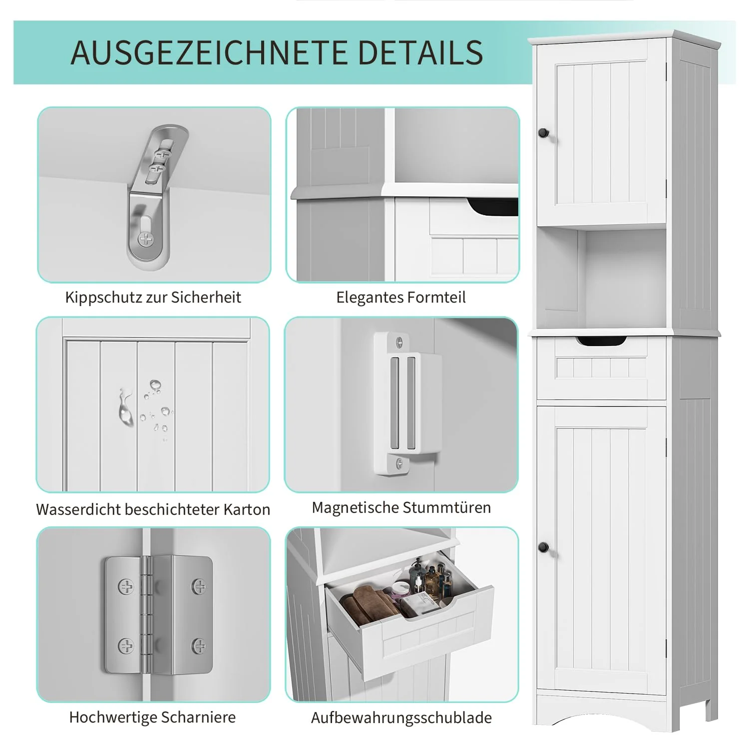 Bealife Hochschrank Badezimmer, 170x40x30cm Badschrank mit verstellbaren Regalen, Badezimmerschrank mit offenem Fach, Schublade und Türen für Badezimmer, Wohnzimmer, Schlafzimmer - Weiß - Image 6