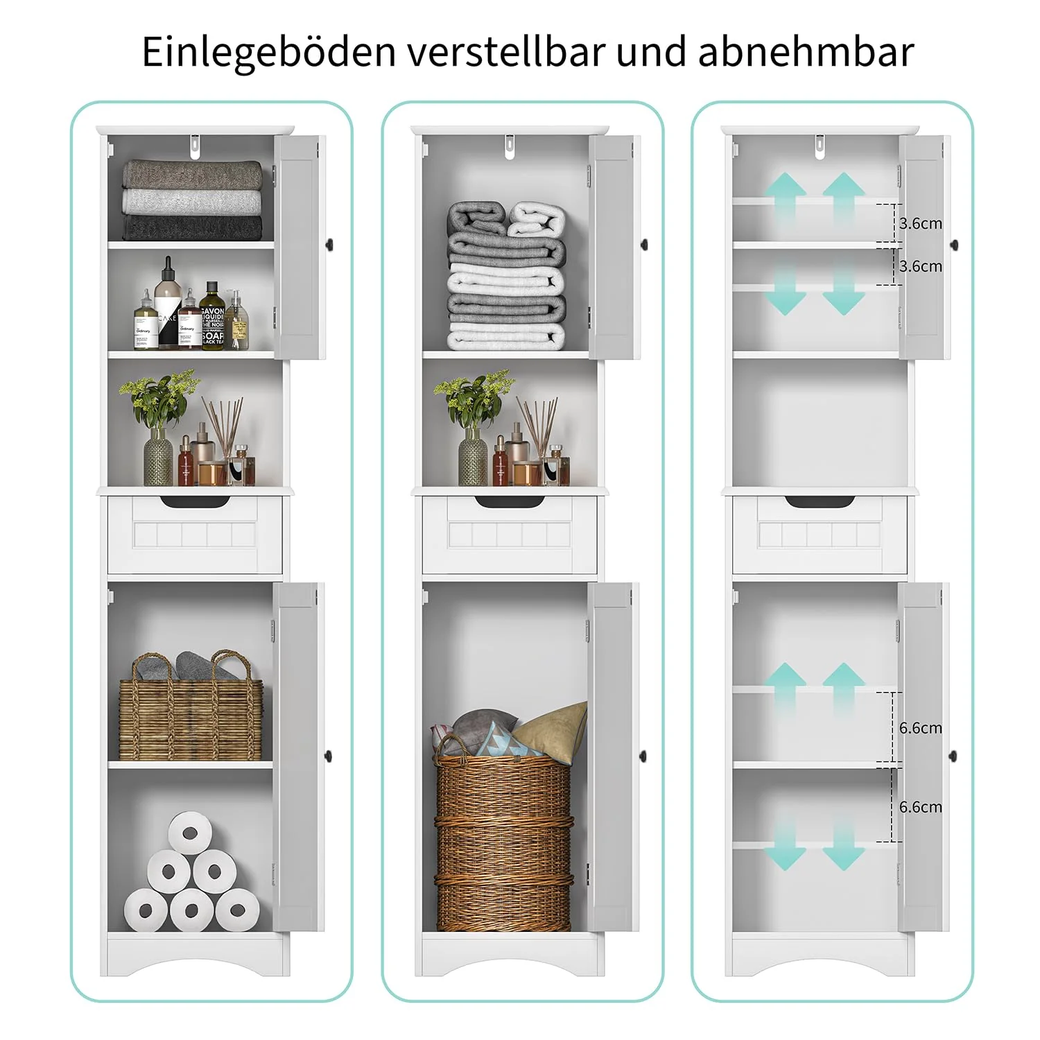 Bealife Hochschrank Badezimmer, 170x40x30cm Badschrank mit verstellbaren Regalen, Badezimmerschrank mit offenem Fach, Schublade und Türen für Badezimmer, Wohnzimmer, Schlafzimmer - Weiß - Image 7