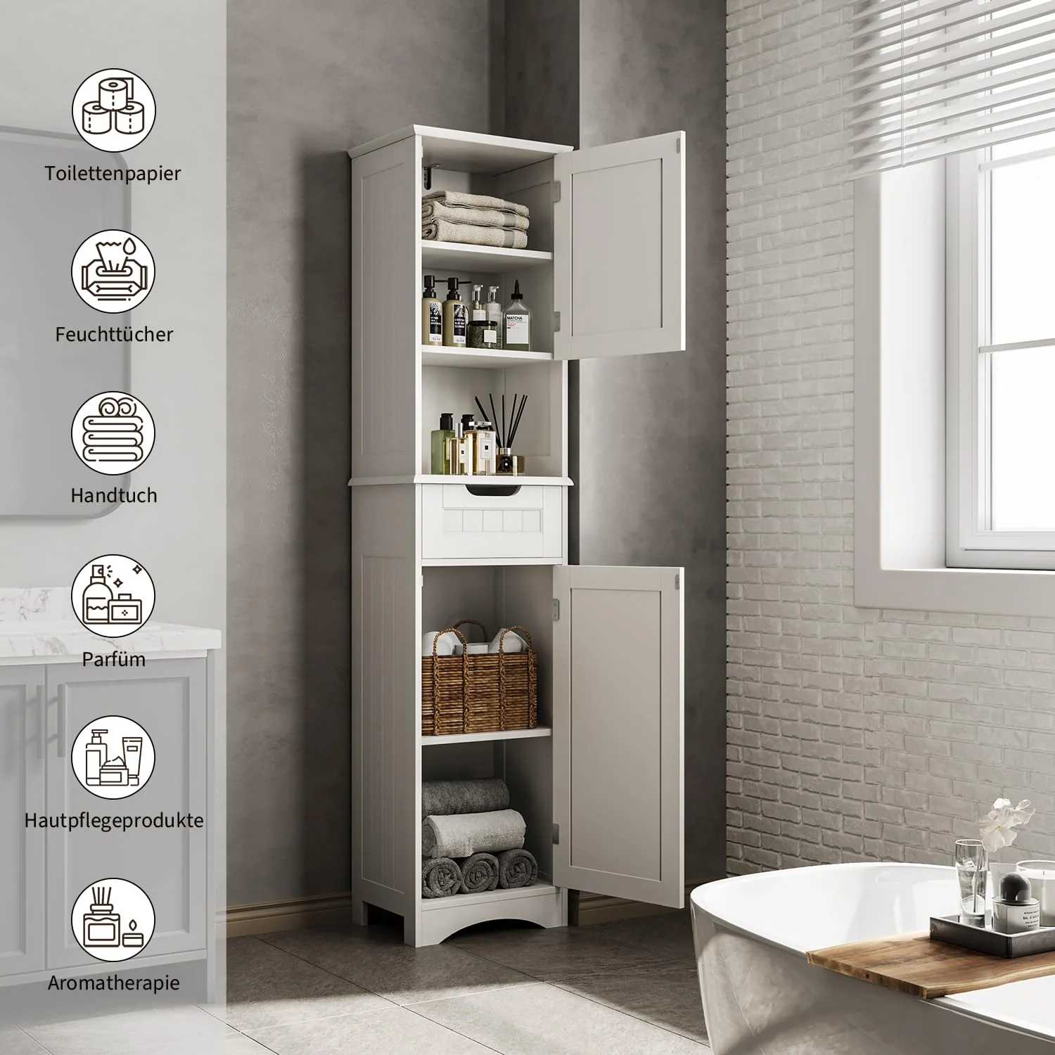 Bealife Hochschrank Badezimmer, 170x40x30cm Badschrank mit verstellbaren Regalen, Badezimmerschrank mit offenem Fach, Schublade und Türen für Badezimmer, Wohnzimmer, Schlafzimmer - Weiß - Image 8