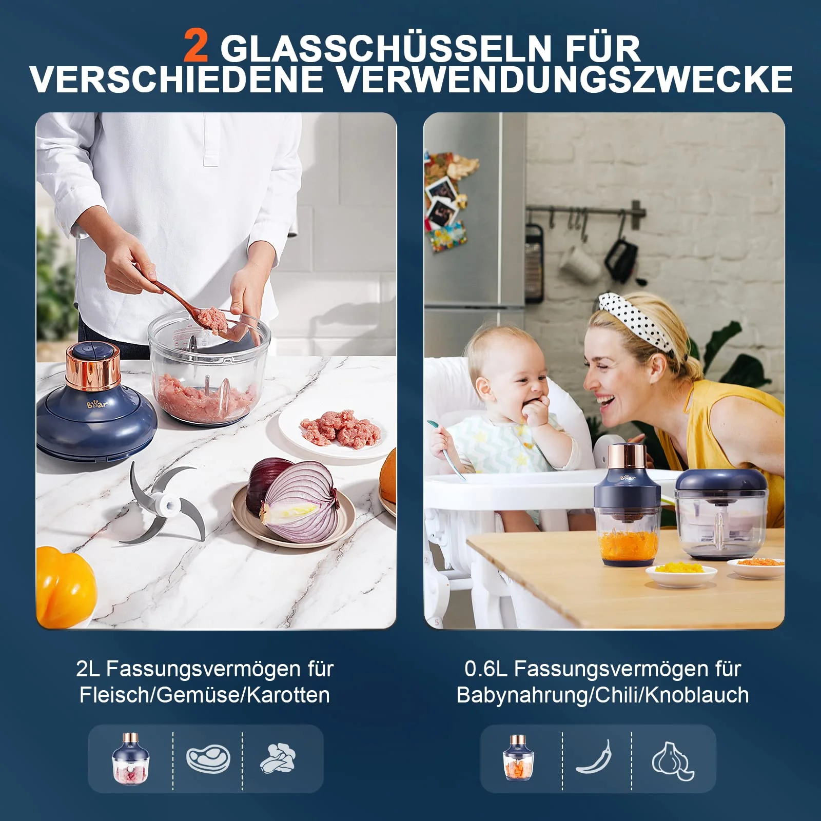 Bear 0.6L+2L Zerkleinerer Elektrisch Mini, 2 Geschwindigkeitsstufen, Häcksler mit 4-Edelstahlklingen und Fleischwolf, Glasbehälter Zerkleinerer für Fleisch,Babynahrung,Obst,Gemüse - Image 6