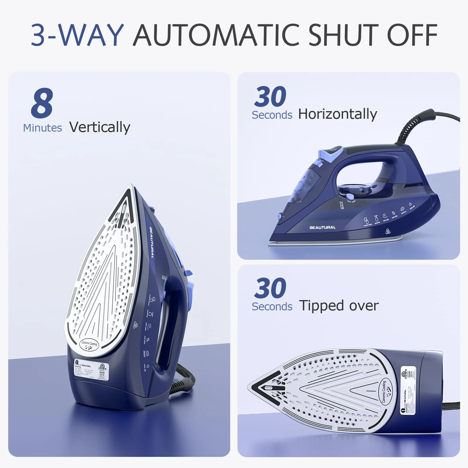 BEAUTURAL Dampfbügeleisen, 2600W Bügeleisen mit Keramik-Bügelsohle 350ML Tank 1,9M Kabellänge Selbstreinigung Abschaltautomatik Tropfstopp Blau (2600 Watt) - Image 3