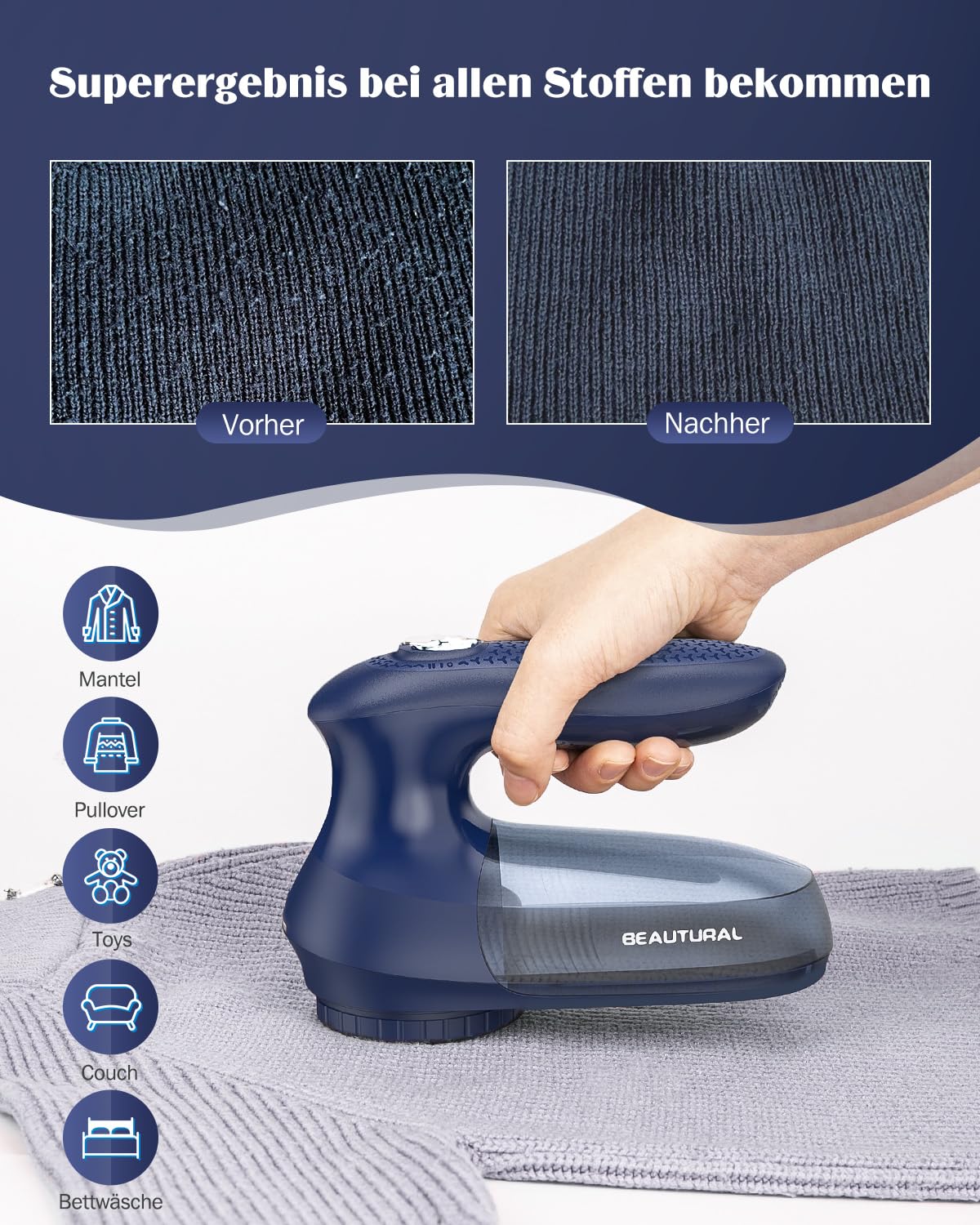 BEAUTURAL Fusselrasierer mit Stromkabel oder Batterie, Wollrasierer Elektrisch, Starker Fusselentferner für Kleidung Sofa Teppich Große Rasierfläche - Image 7