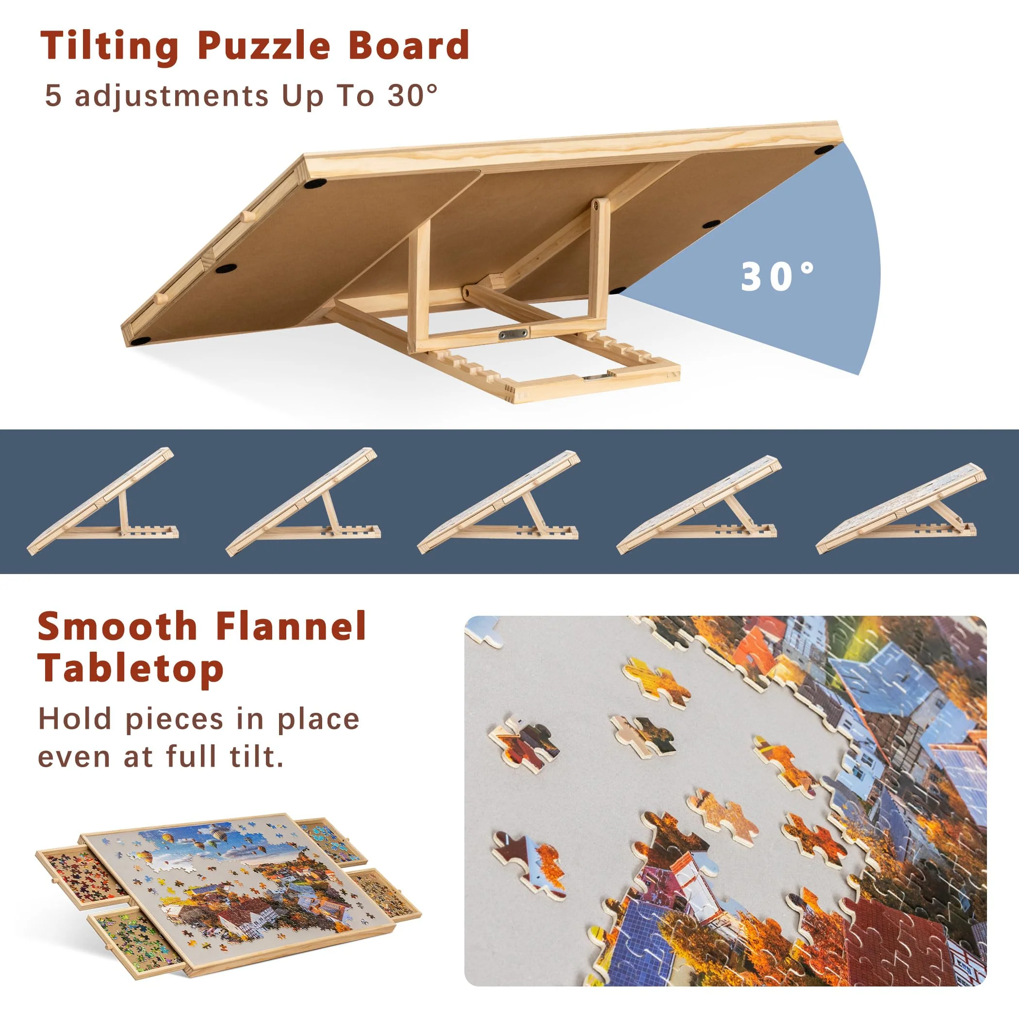 Becko US 1000-Pc Tilting Jigsaw Puzzle Board with 4 Colorful Drawers & Cover, Adjustable Puzzle Table with Built-in Easel/Stand, Portable Tables with Storage for Adults, with Premium Flannel Tabletop - Image 7