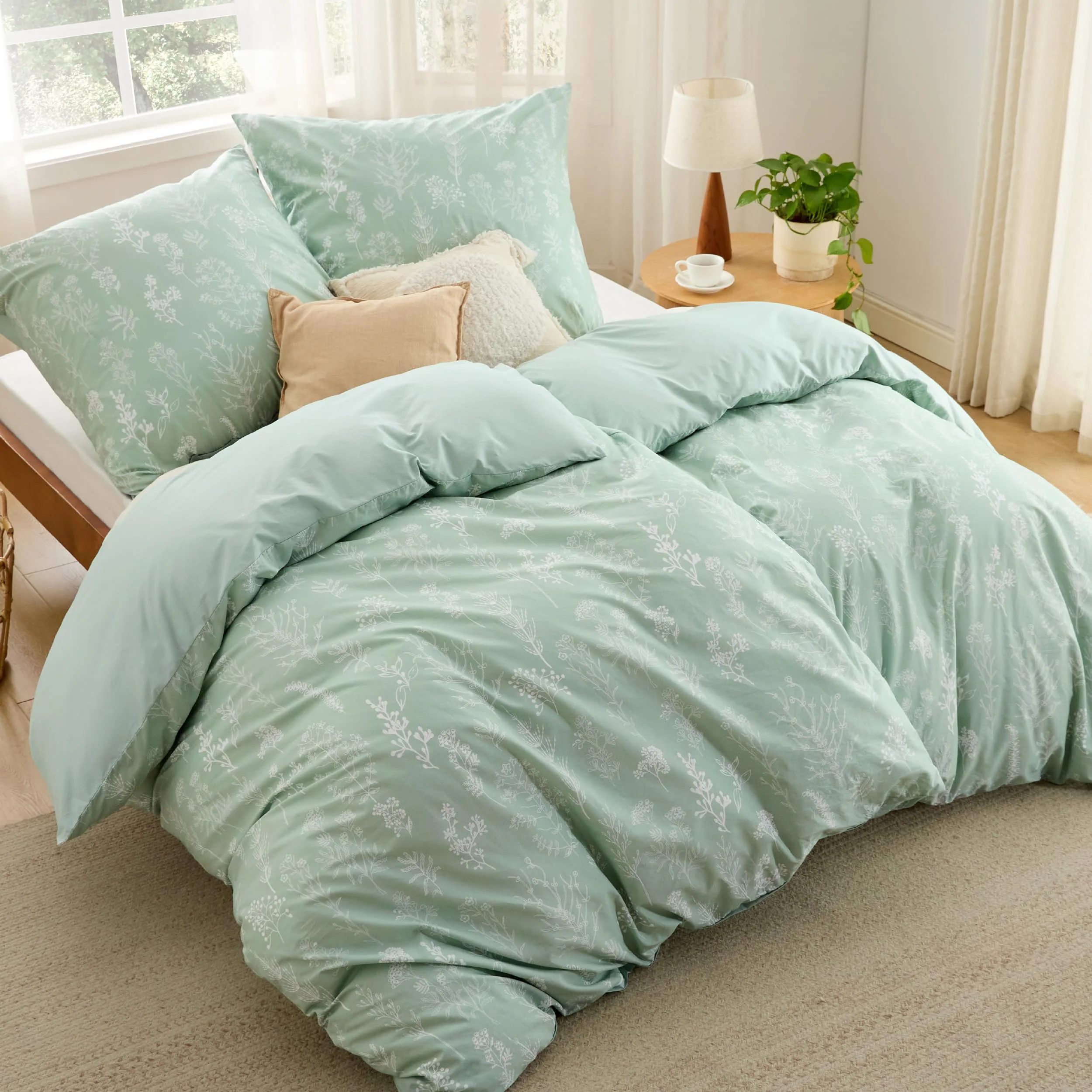 BEDSURE Bettwäsche 135x200 4teilig Baumwolle - Bettwäsche-Sets Grün Bettbezug 2er Set mit 2 Kissenbezüge 80x80 cm, ÖKO-TEX Wendebettwäsche Bedding Pflanzen Blumen Muster mit Reißverschluss - Image 2