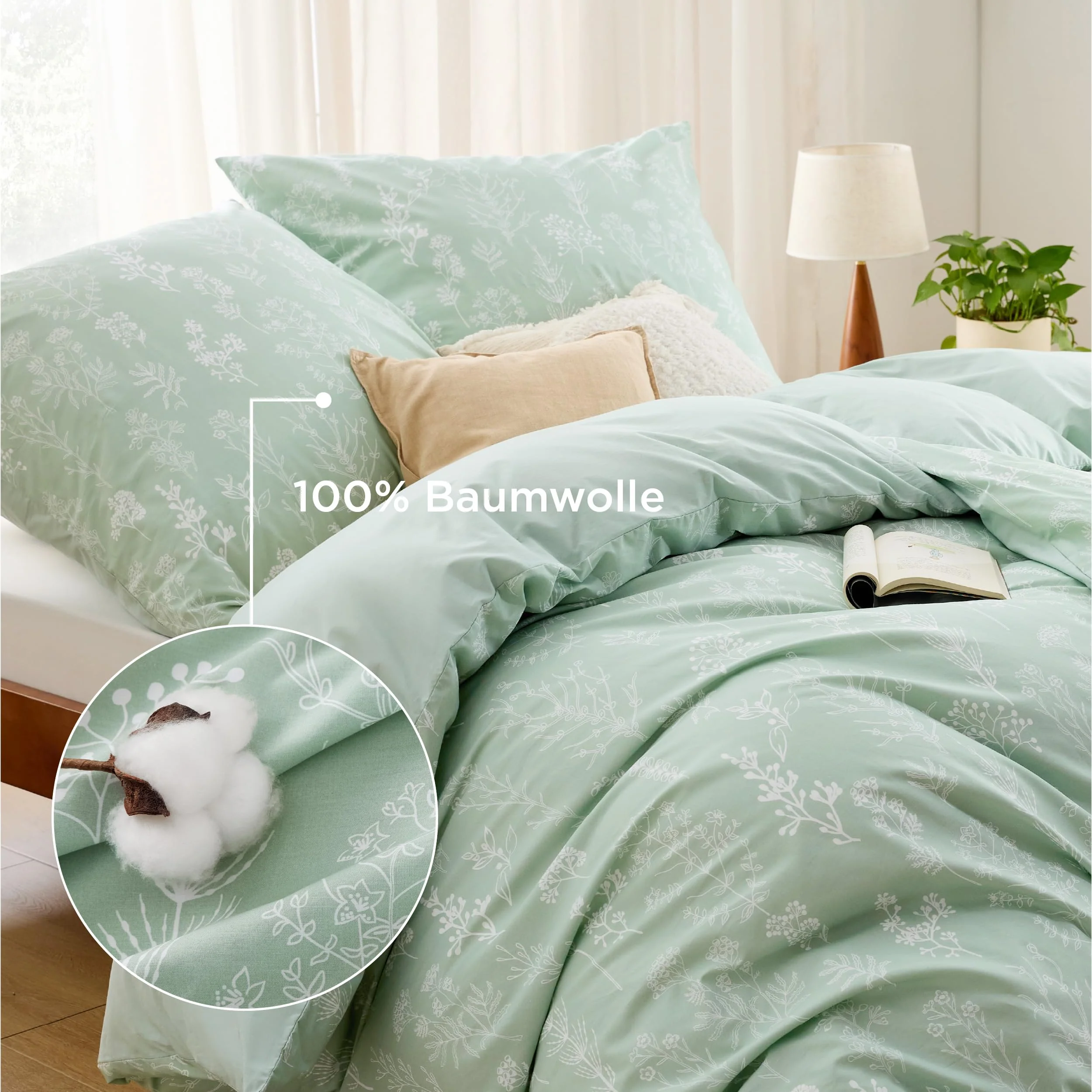 BEDSURE Bettwäsche 135x200 4teilig Baumwolle - Bettwäsche-Sets Grün Bettbezug 2er Set mit 2 Kissenbezüge 80x80 cm, ÖKO-TEX Wendebettwäsche Bedding Pflanzen Blumen Muster mit Reißverschluss - Image 3
