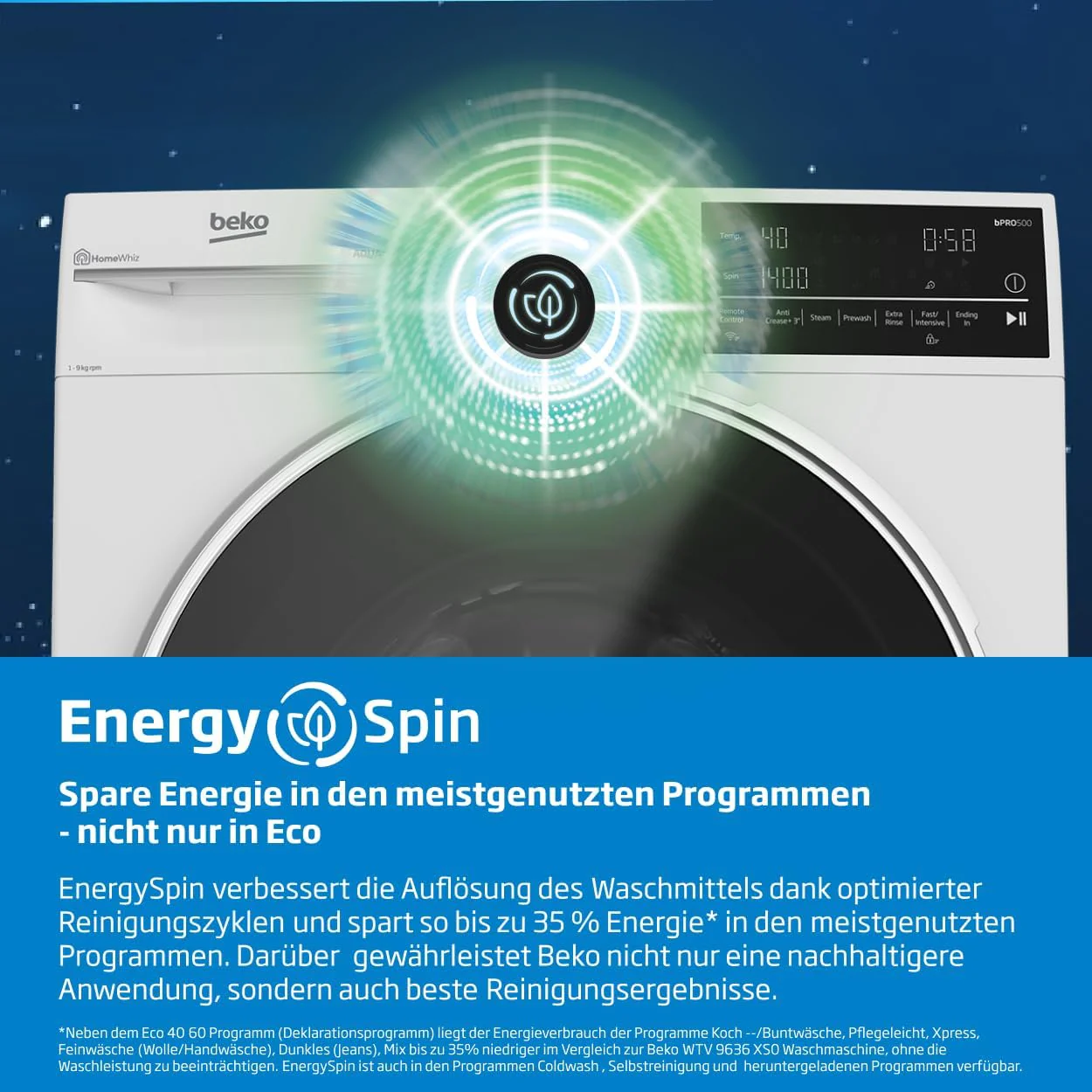 Beko BM3WFU4841W Waschvollautomat, Waschmaschine, 8 kg, EnergySpin, Schleuderwahl 1400 U/min, Dampffunktion, allergikergeeignet, Nachlegefunktion, AquaWave Schontrommel, Weiß - Image 7