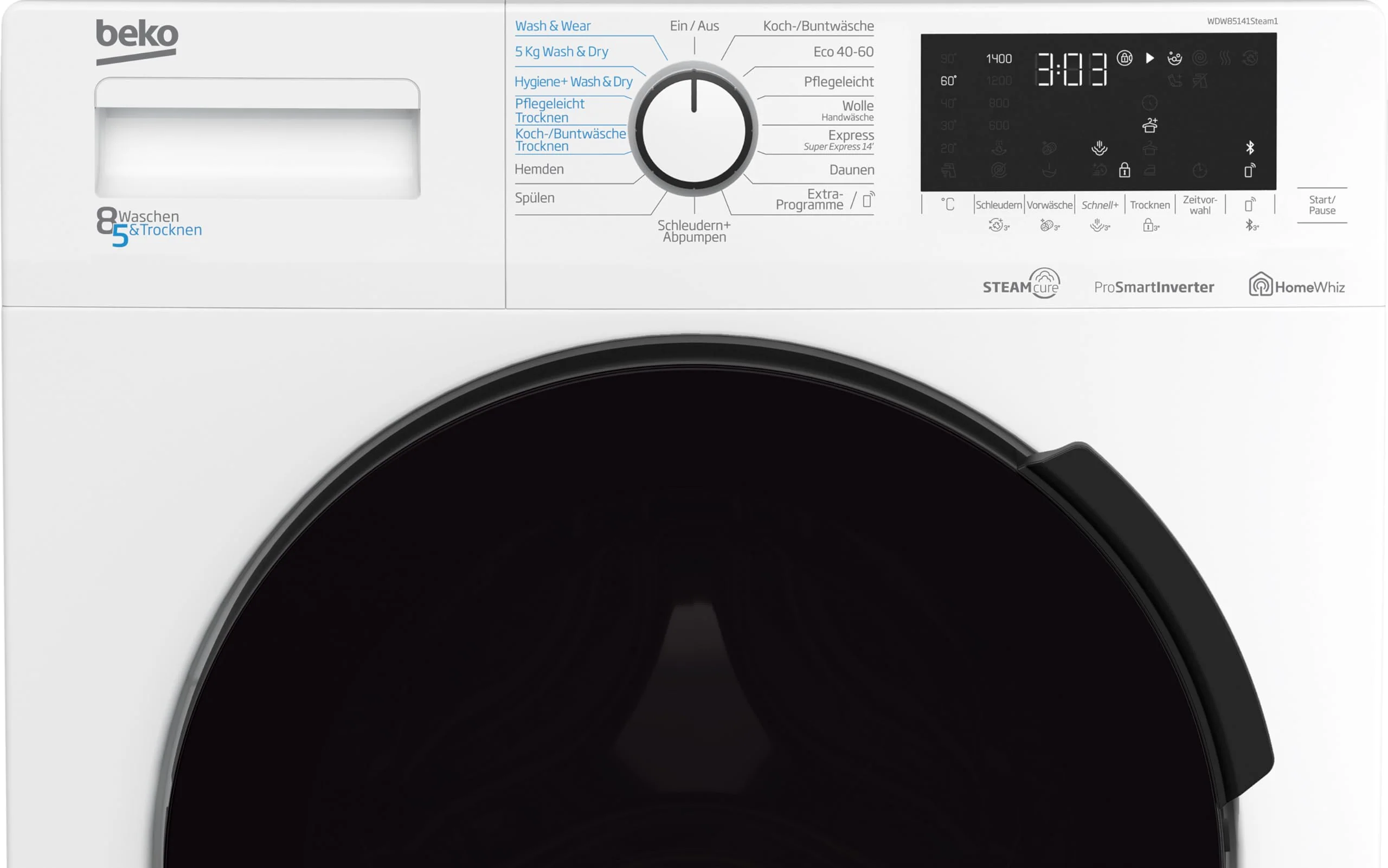 Beko WDW85141Steam1 b300 freistehender Waschtrockner, 8 kg Waschen, 5 kg Trocknen, allergikergeeignet, Touch-Display mit Startzeitvorwahl 0-24 h, Bluetooth, Dampffunktion, Nachlegefunktion, Weiß - Image 3