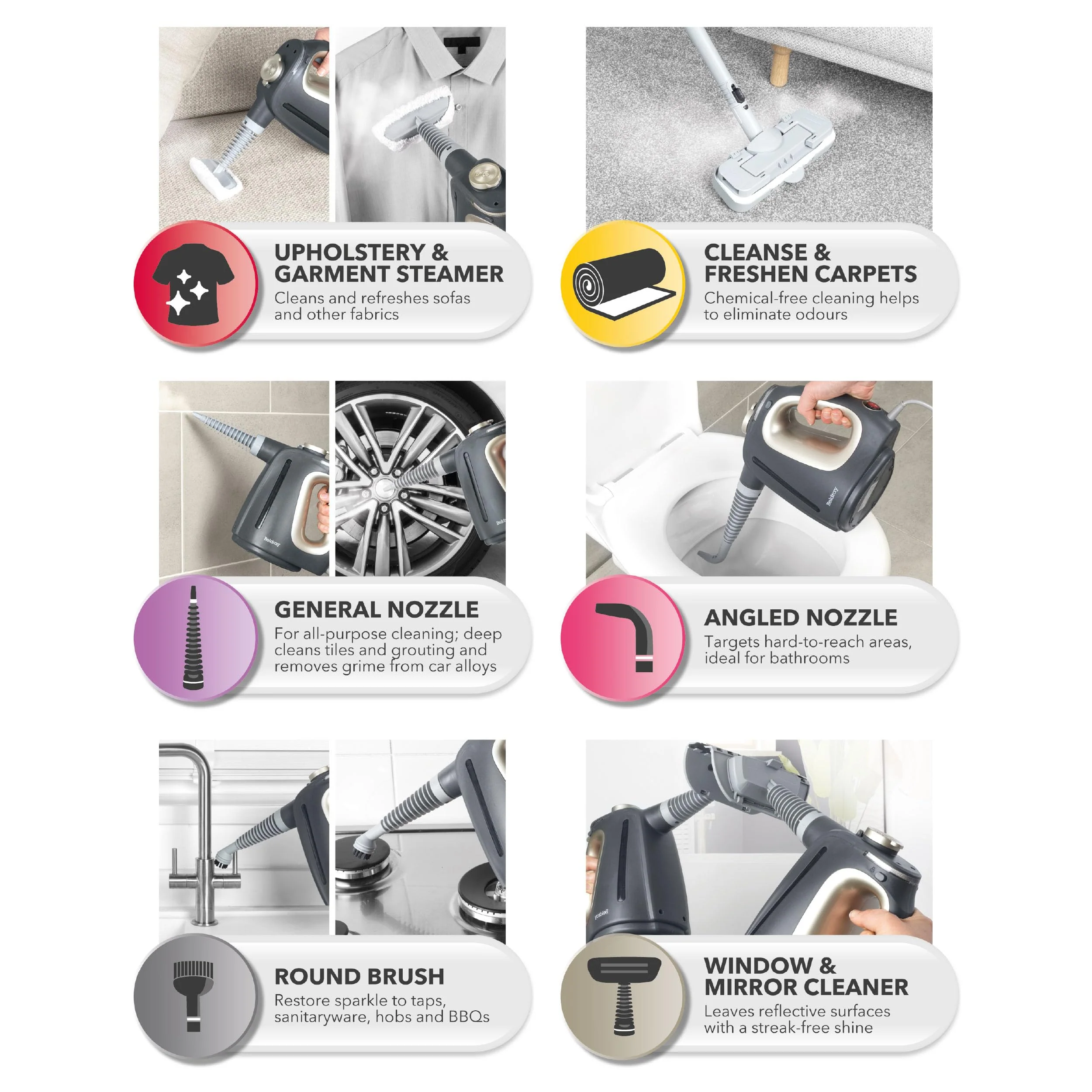 Beldray 15-in-1 Dampfreiniger – Multifunktionaler Handdampfer, chemiefreie Reinigung, einsatzbereit in 20 Sekunden. Mit Reinigungsbürsten, Bodenmopp-Pads & Düsen, 550ml Wassertank, 1350W - Image 9