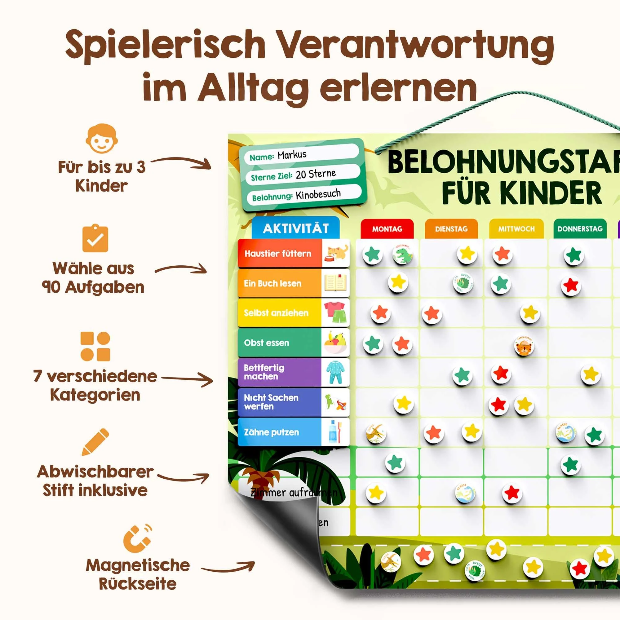 Belohnungstafel für Kinder - [100 Aufgaben + 350 Magnete] - Belohnungssystem für Verantwortung - Family Plan, Montessori Magnettafel, Wochenplaner, Adhs Hilfsmittel - inkl. Tasche, Stift (Dinosaurier) - Image 6