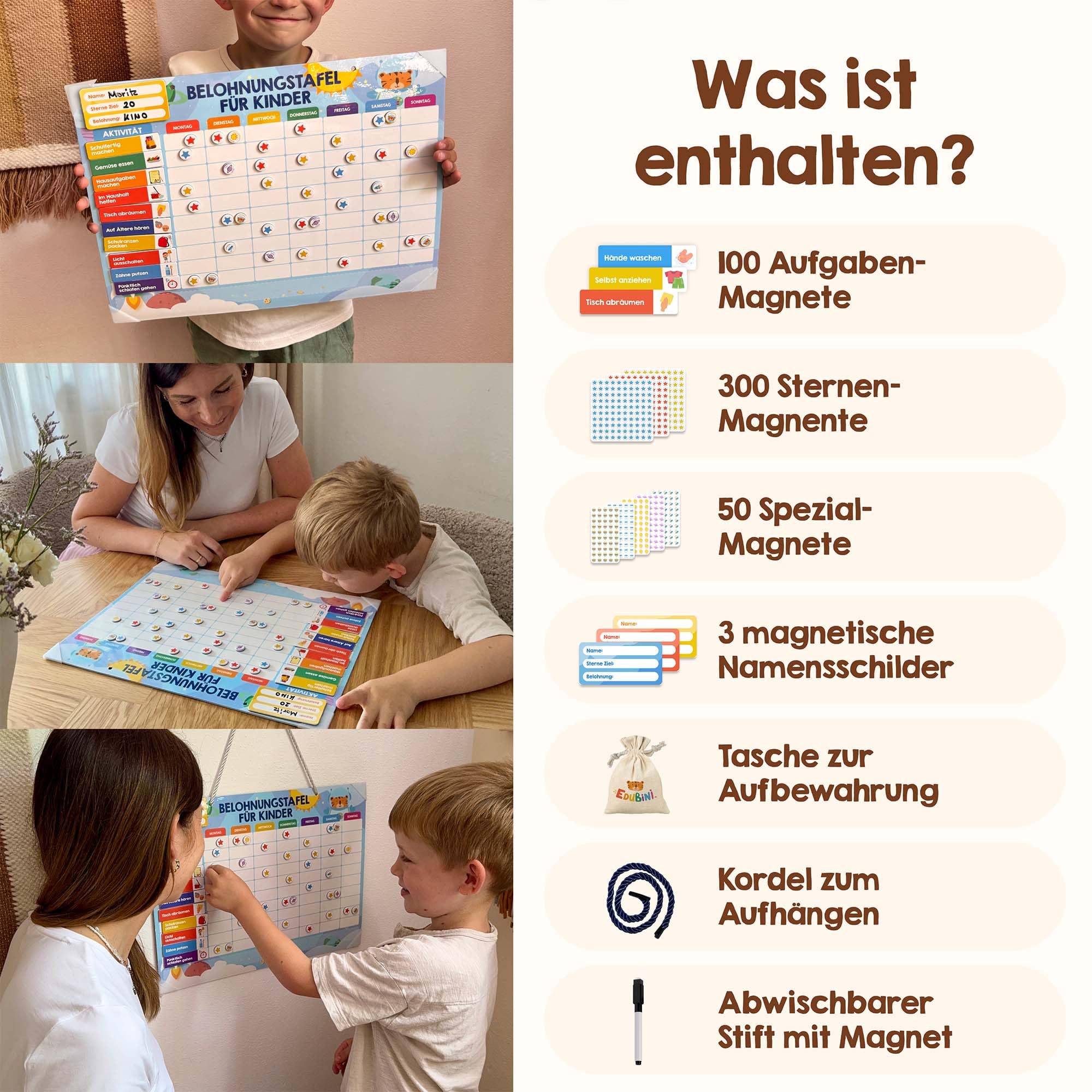 Belohnungstafel für Kinder - [100 Aufgaben + 350 Magnete] - Belohnungssystem für Verantwortung - Family Plan, Montessori Magnettafel, Wochenplaner, Adhs Hilfsmittel - inkl. Tasche, Stift (Safari) - Image 2