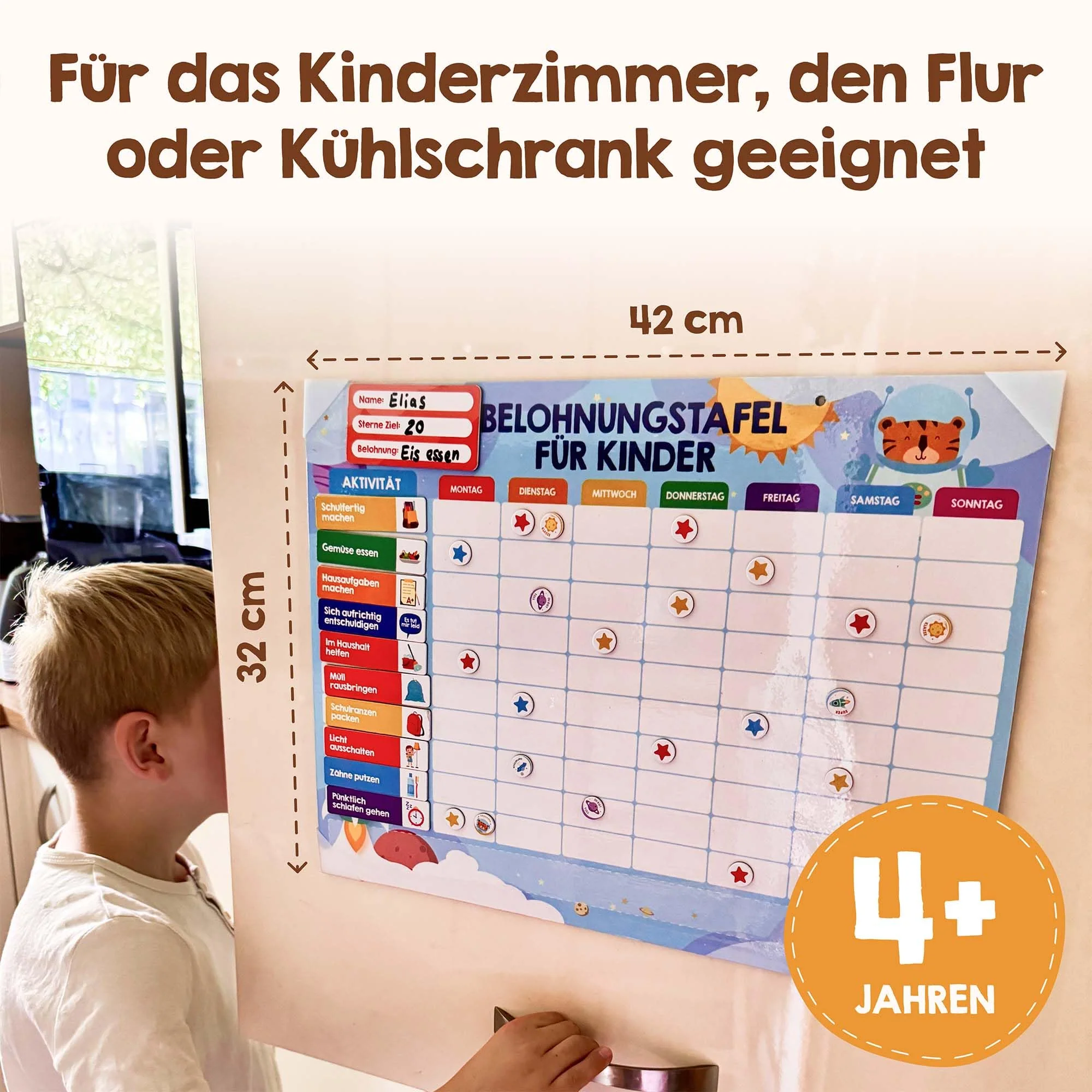 Belohnungstafel für Kinder - [100 Aufgaben + 350 Magnete] - Belohnungssystem für Verantwortung - Family Plan, Montessori Magnettafel, Wochenplaner, Adhs Hilfsmittel - inkl. Tasche, Stift (Safari) - Image 3