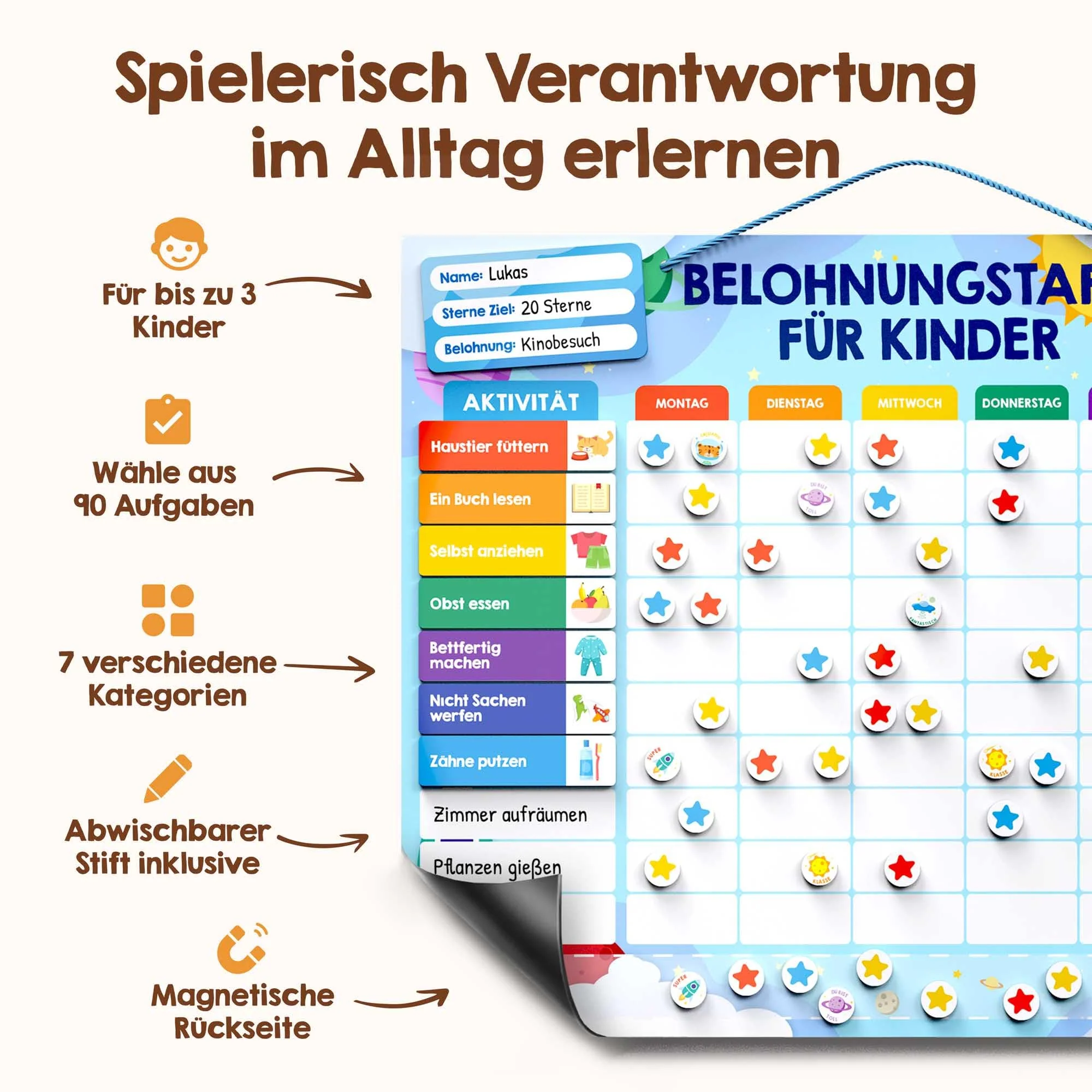 Belohnungstafel für Kinder - [100 Aufgaben + 350 Magnete] - Belohnungssystem für Verantwortung - Family Plan, Montessori Magnettafel, Wochenplaner, Adhs Hilfsmittel - inkl. Tasche, Stift (Safari) - Image 6
