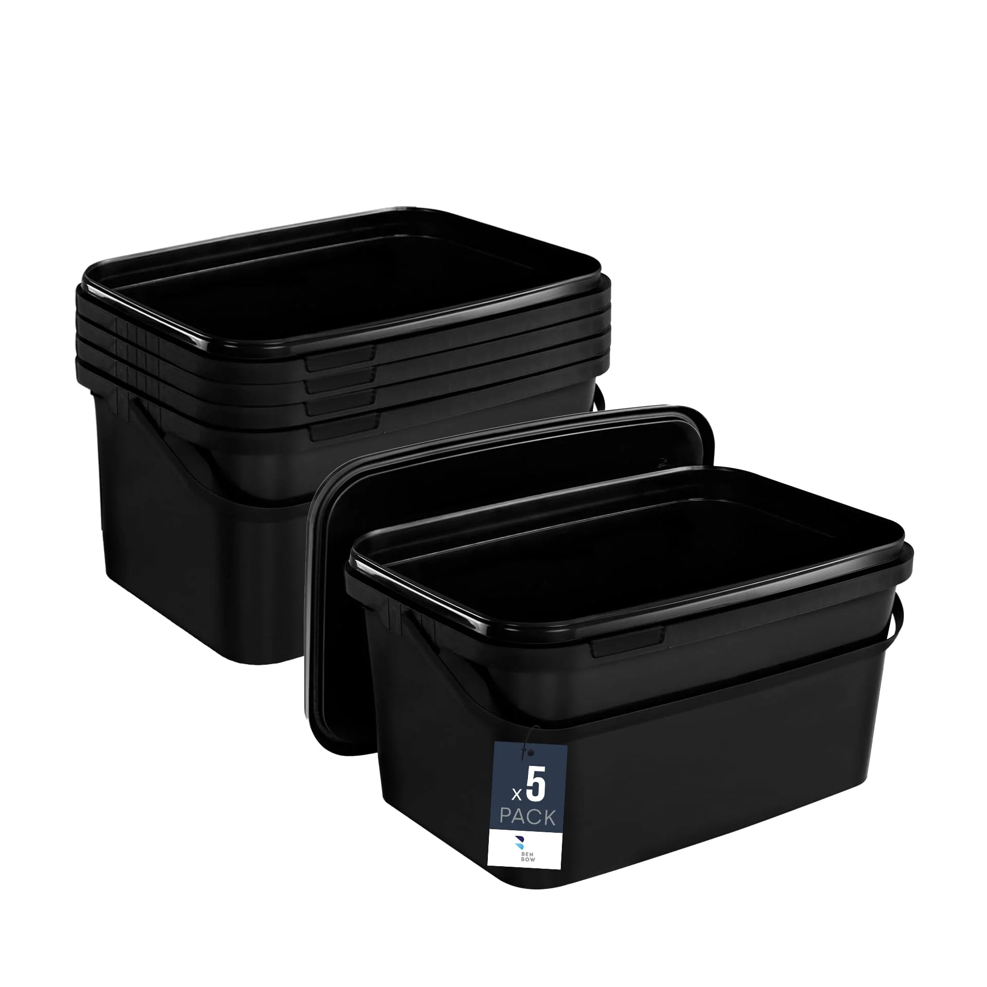 BenBow Rechteckiger Eimer mit Deckel 5X 5l schwarz - lebensmittelecht, stapelbare Kunststoffbox mit Henkel - luftdicht, auslaufsicher, geruchsneutral, ideal für Haushalt und Gewerbe - leer - Image 2