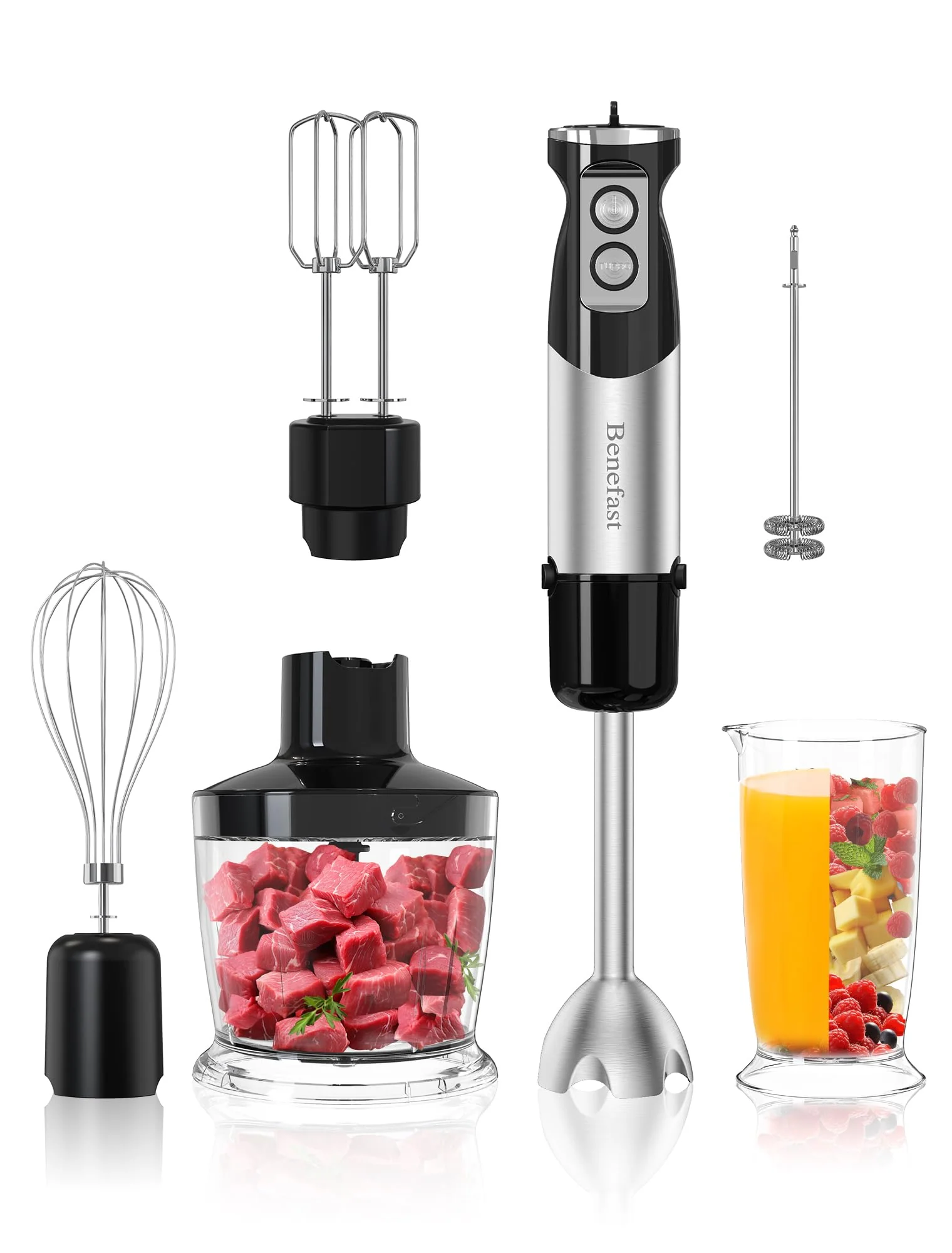 Benefast Elektrische Stabmixer 6 in 1 Stainless Steel Pürierstab Set, 1000W Stark Leistung, 12 Geschwindigkeiten & Turbo-Taste Blender für die Zubereitung von Salaten, Suppen und Teig - Image 2