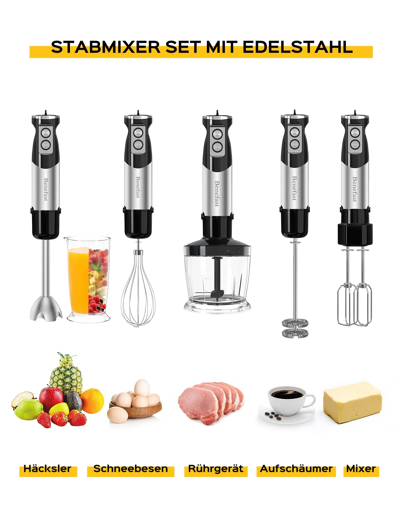 Benefast Elektrische Stabmixer 6 in 1 Stainless Steel Pürierstab Set, 1000W Stark Leistung, 12 Geschwindigkeiten & Turbo-Taste Blender für die Zubereitung von Salaten, Suppen und Teig - Image 4