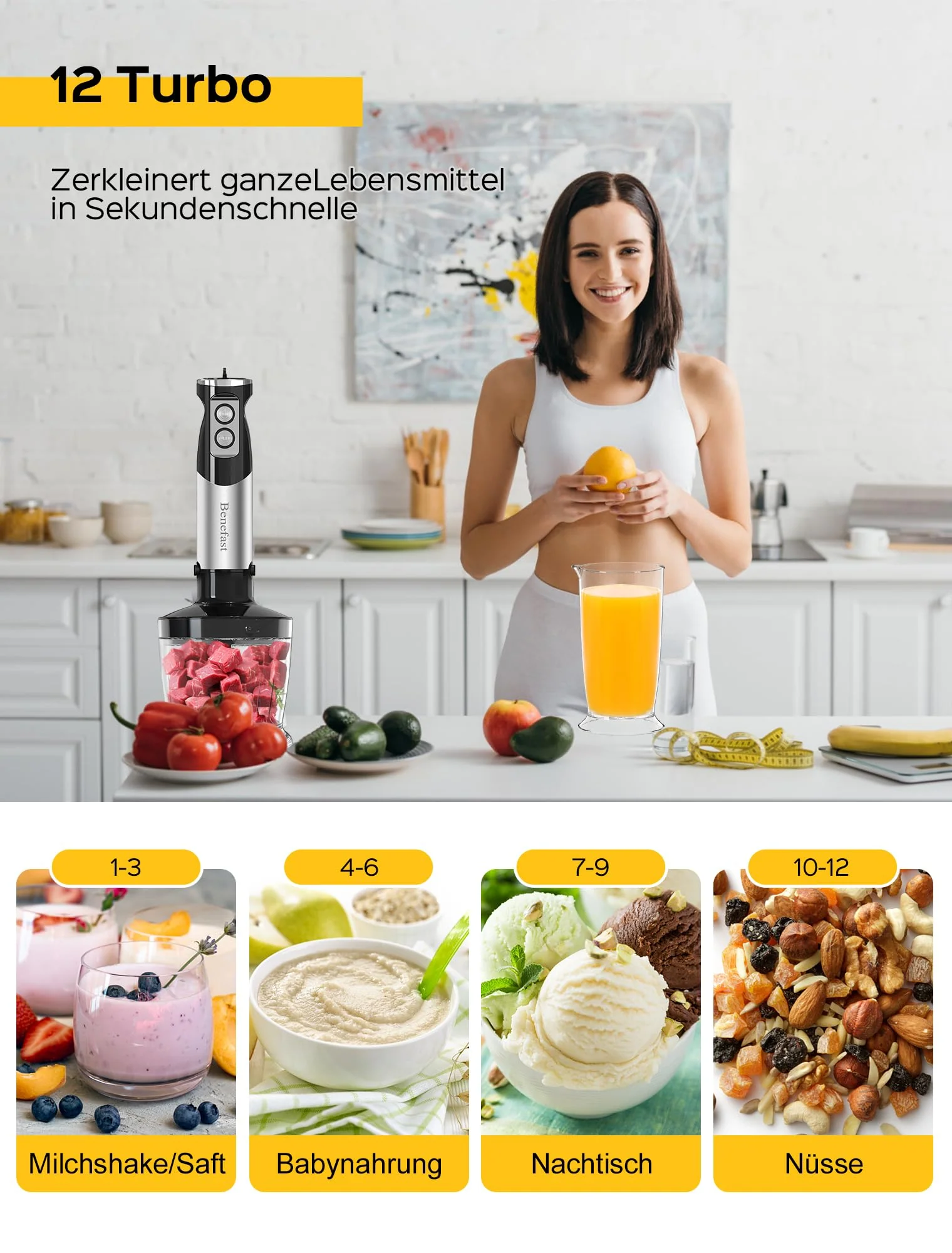 Benefast Elektrische Stabmixer 6 in 1 Stainless Steel Pürierstab Set, 1000W Stark Leistung, 12 Geschwindigkeiten & Turbo-Taste Blender für die Zubereitung von Salaten, Suppen und Teig - Image 5