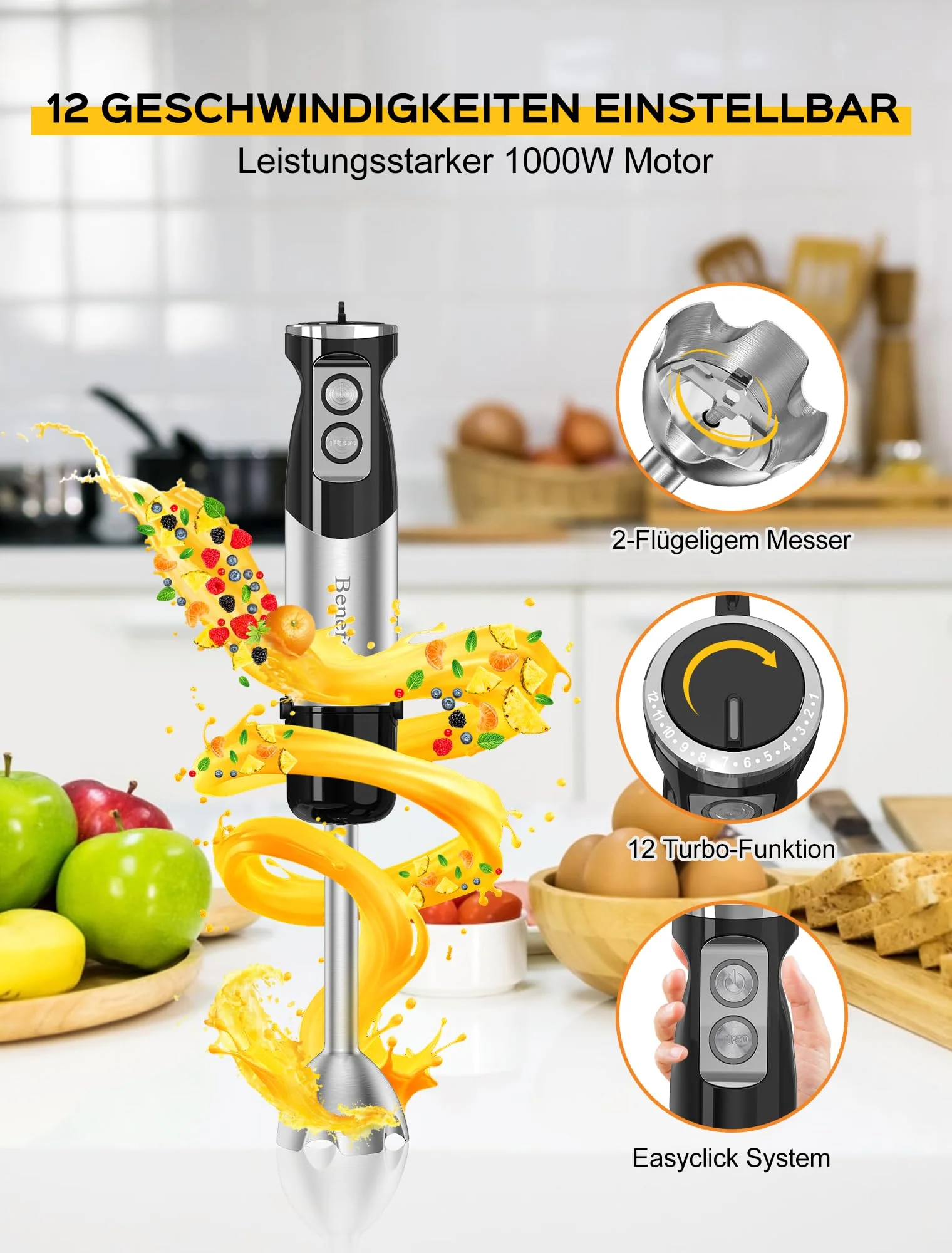 Benefast Elektrische Stabmixer 6 in 1 Stainless Steel Pürierstab Set, 1000W Stark Leistung, 12 Geschwindigkeiten & Turbo-Taste Blender für die Zubereitung von Salaten, Suppen und Teig - Image 6