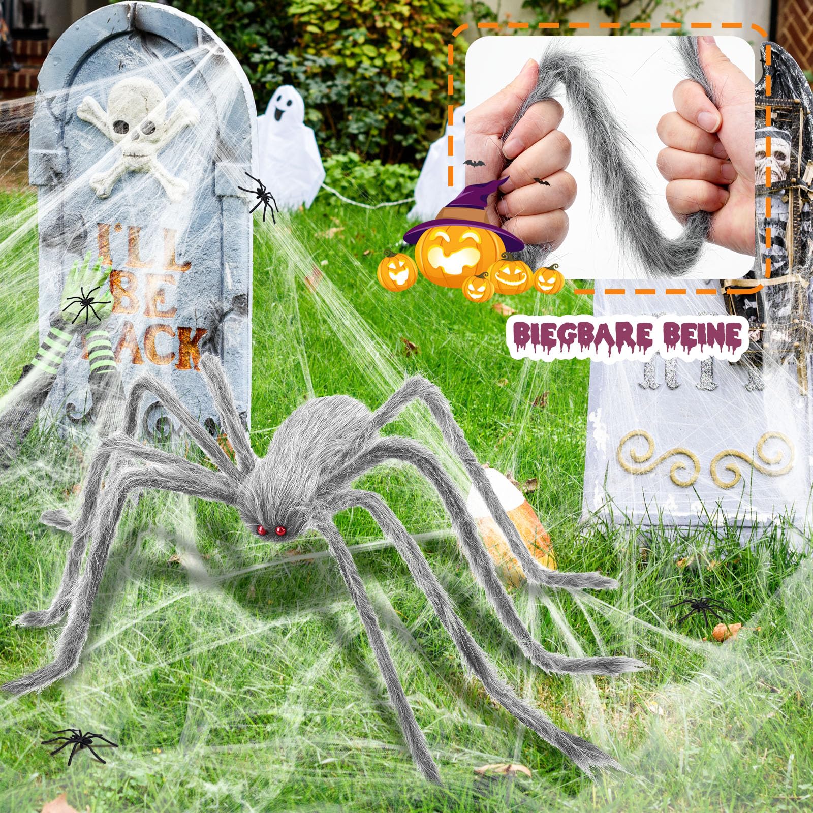 benpen Halloween Deko Outdoor Spinne Set,Riesenspinne Dehnbare Spinnennetze für Innen/Außen, Garten,Tür Fenster Kamin Häuser Spukhaus&Partyzubehör-Schaurige Atmosphäre für Ihre Feier - Image 6