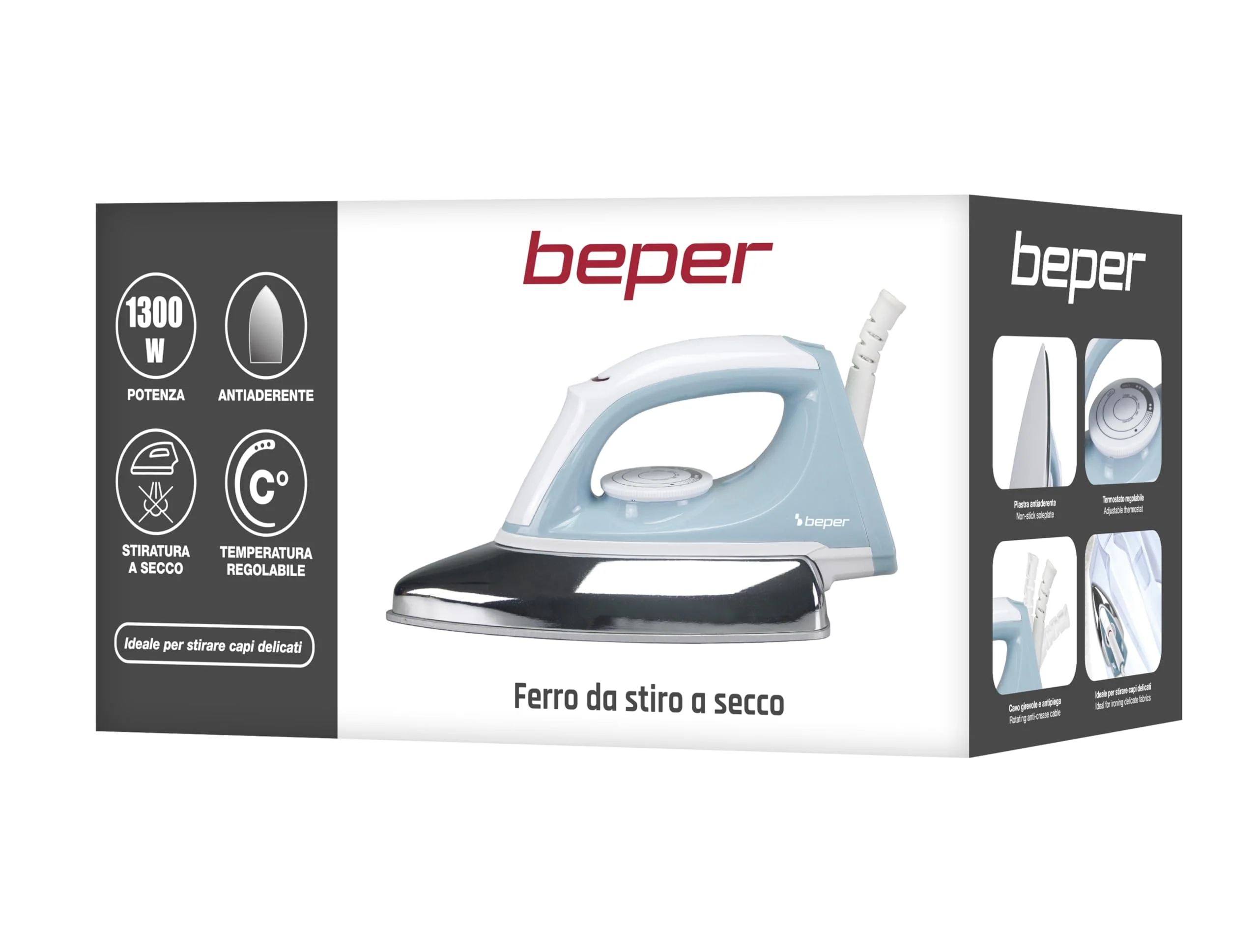 BEPER P204FER250 Trockenbügeleisen, ideal für empfindliche Stoffe, antihaftbeschichtete Bügelsohle, schwenkbares und knitterfreies Kabel, 1300W - Image 6