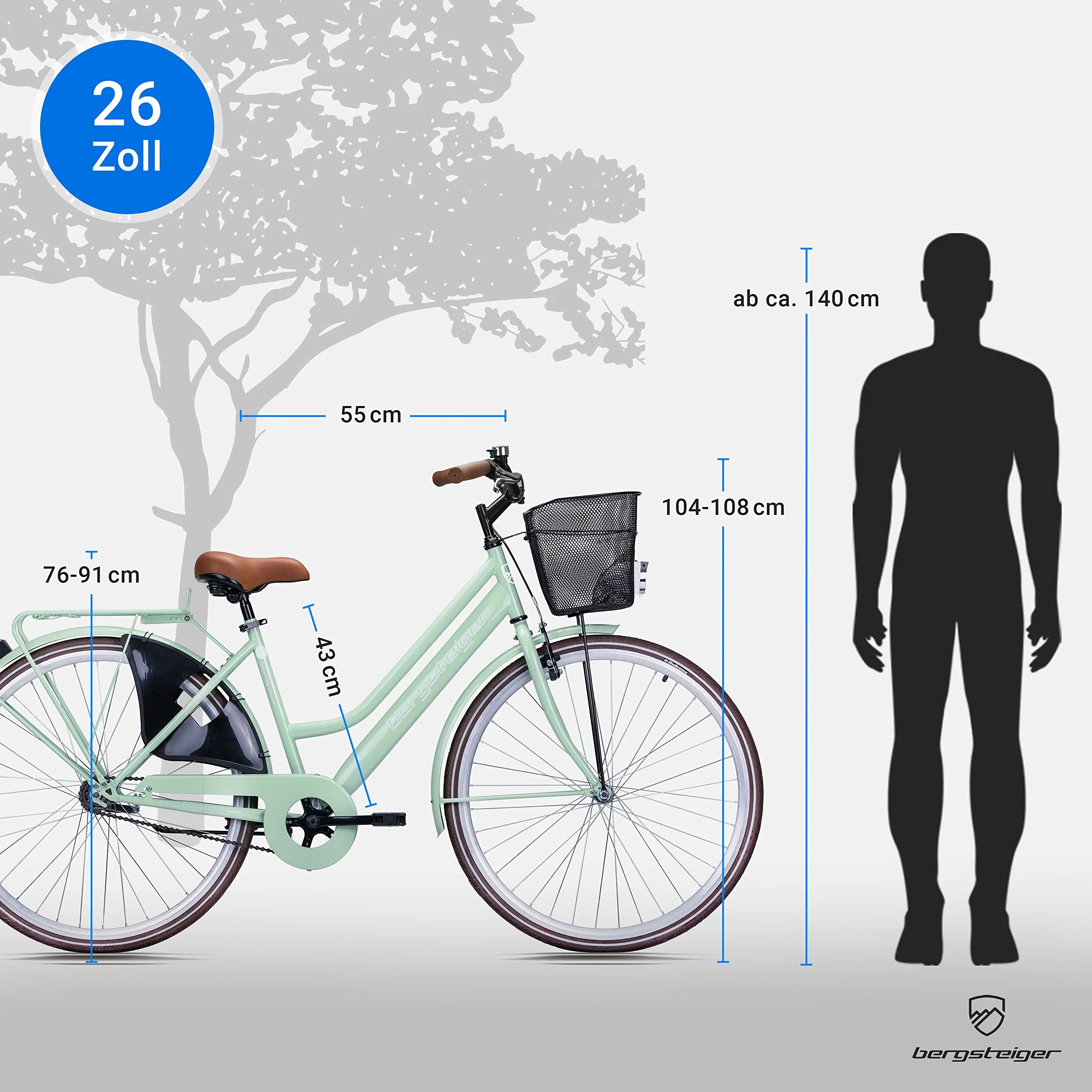 Bergsteiger Amsterdam 26 Zoll, 28 Zoll Damenfahrrad, ab 150 cm, Korb, Fahrrad-Licht, Damen-Citybike mit Rücktrittbremse, Hollandrad im Retro-Design - Image 2