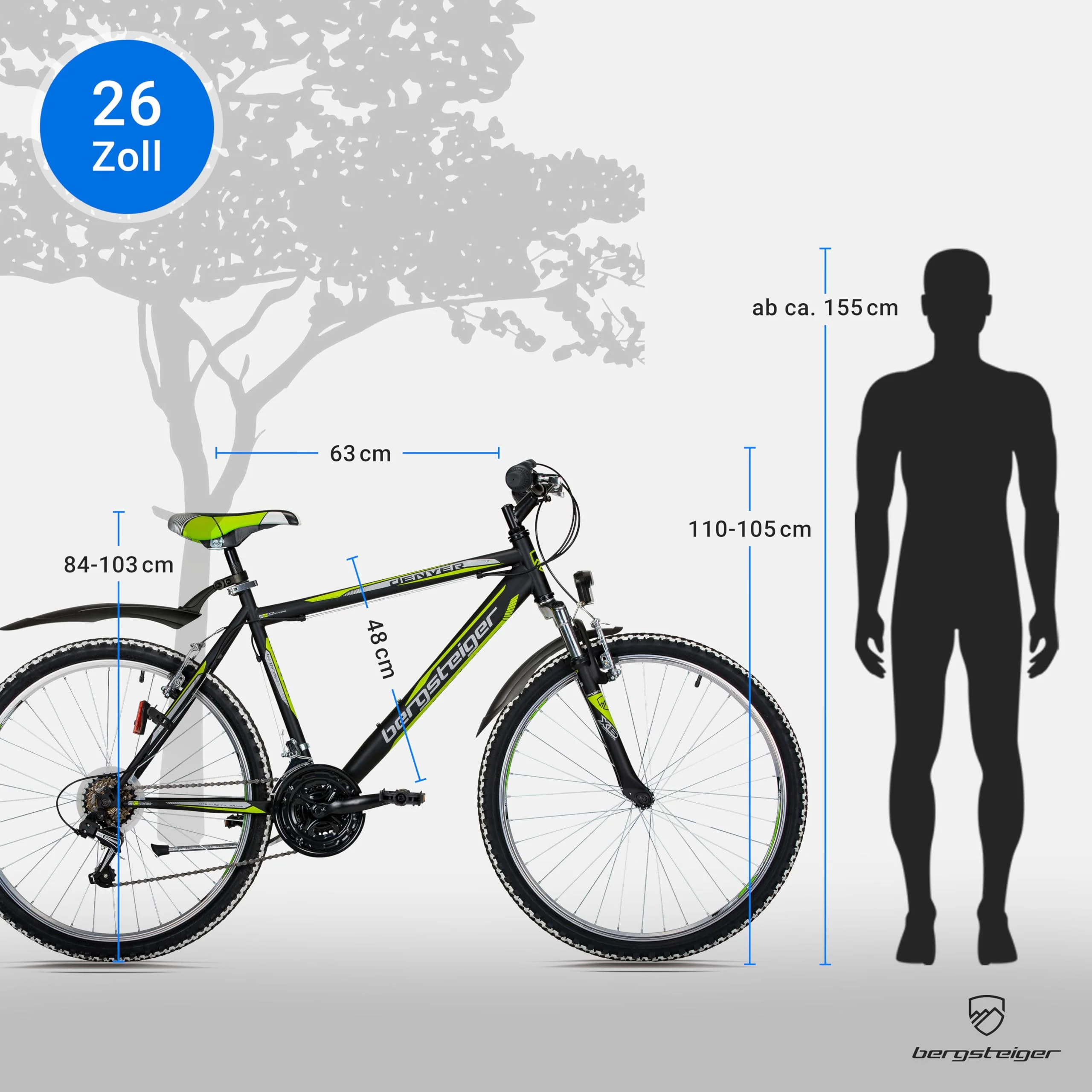 Bergsteiger Denver 26 Zoll Mountainbike, geeignet ab 155 cm, 18 Gang-Schaltung, Licht, Schutzblech, Gabel-Federung - Image 3