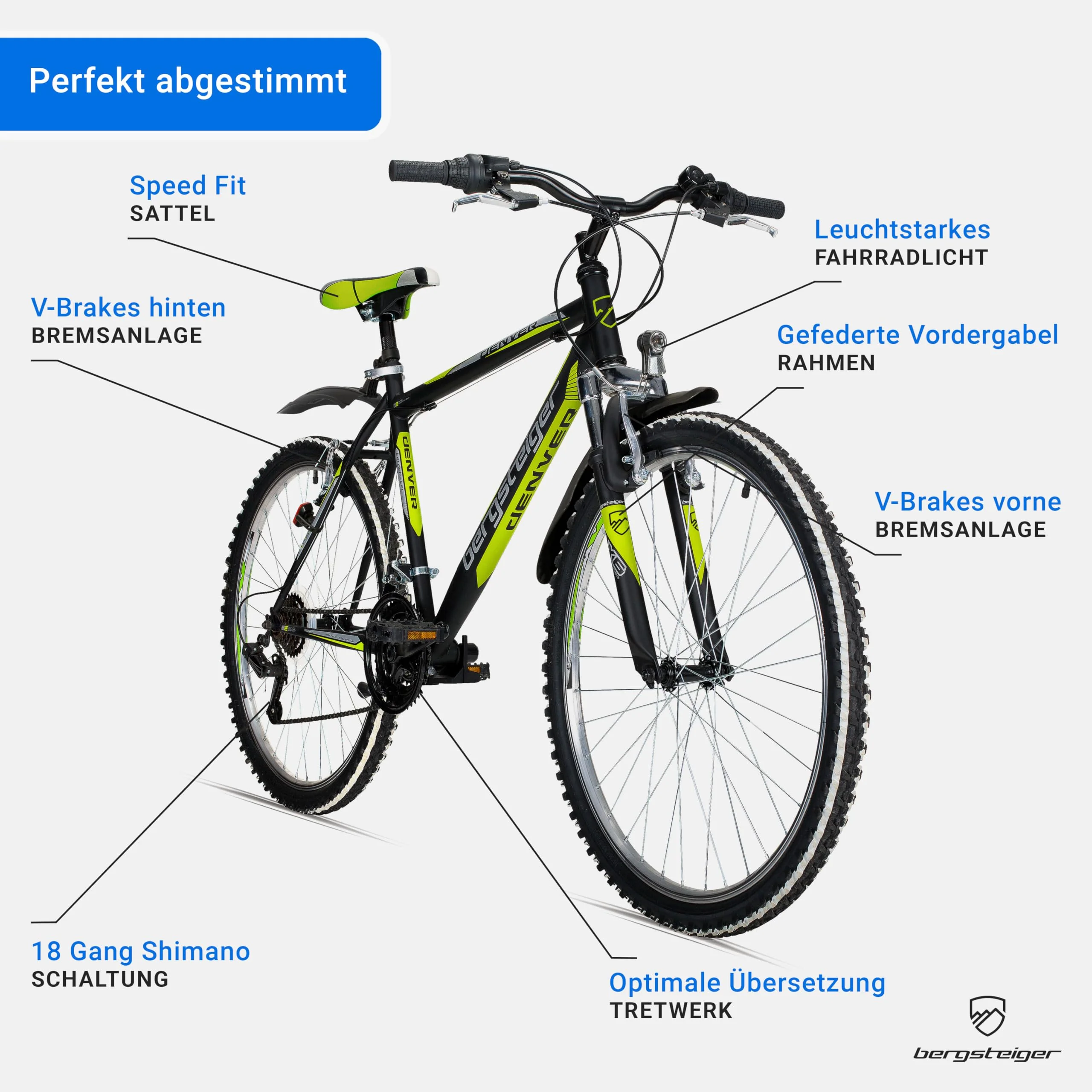 Bergsteiger Denver 26 Zoll Mountainbike, geeignet ab 155 cm, 18 Gang-Schaltung, Licht, Schutzblech, Gabel-Federung - Image 4