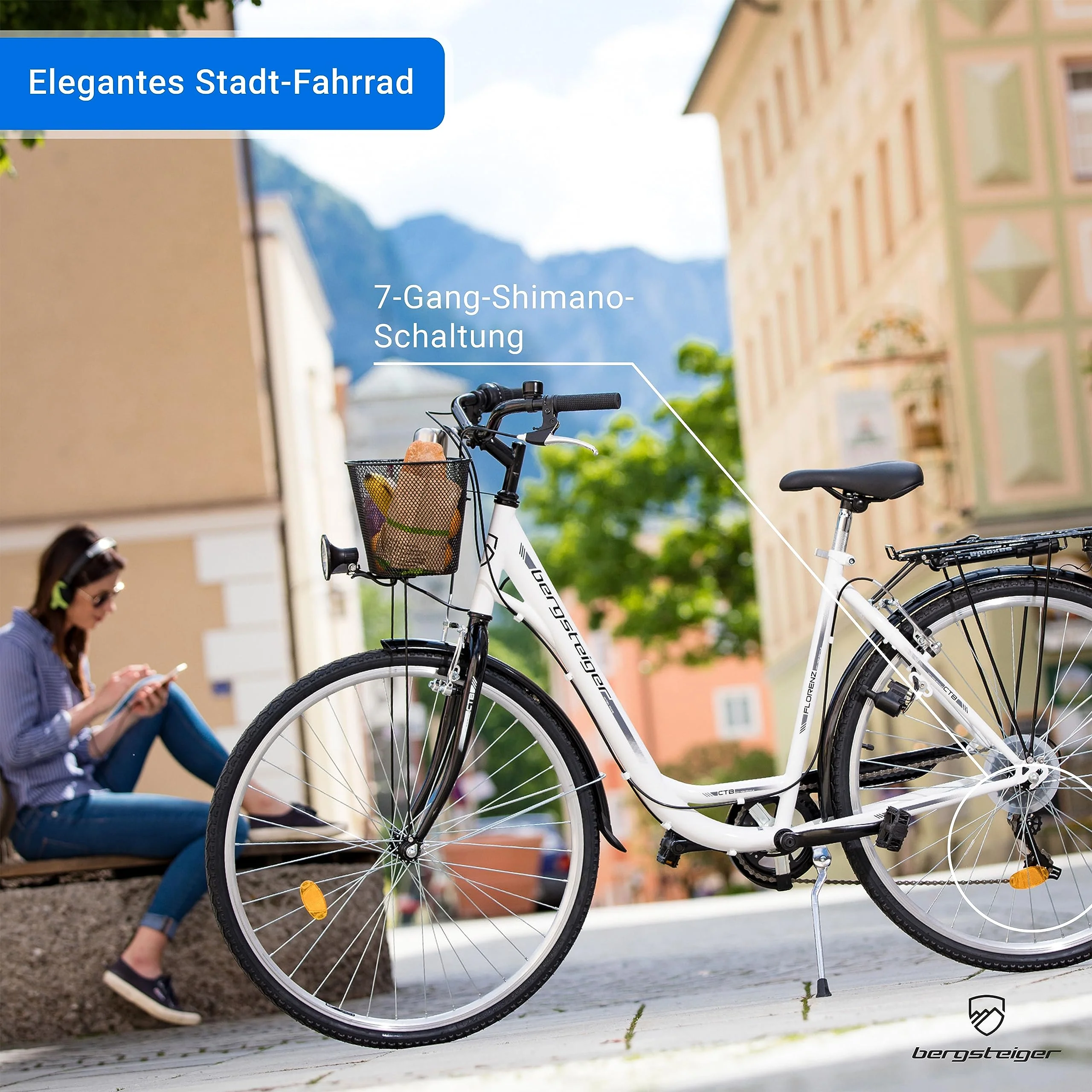 Bergsteiger Florenz 28 Zoll Damenfahrrad mit Korb, Beleuchtung & Schaltung, ab 160 cm, Damen Fahrrad mit Shimano 7 Gangschaltung, Retro Damenrad - Image 2