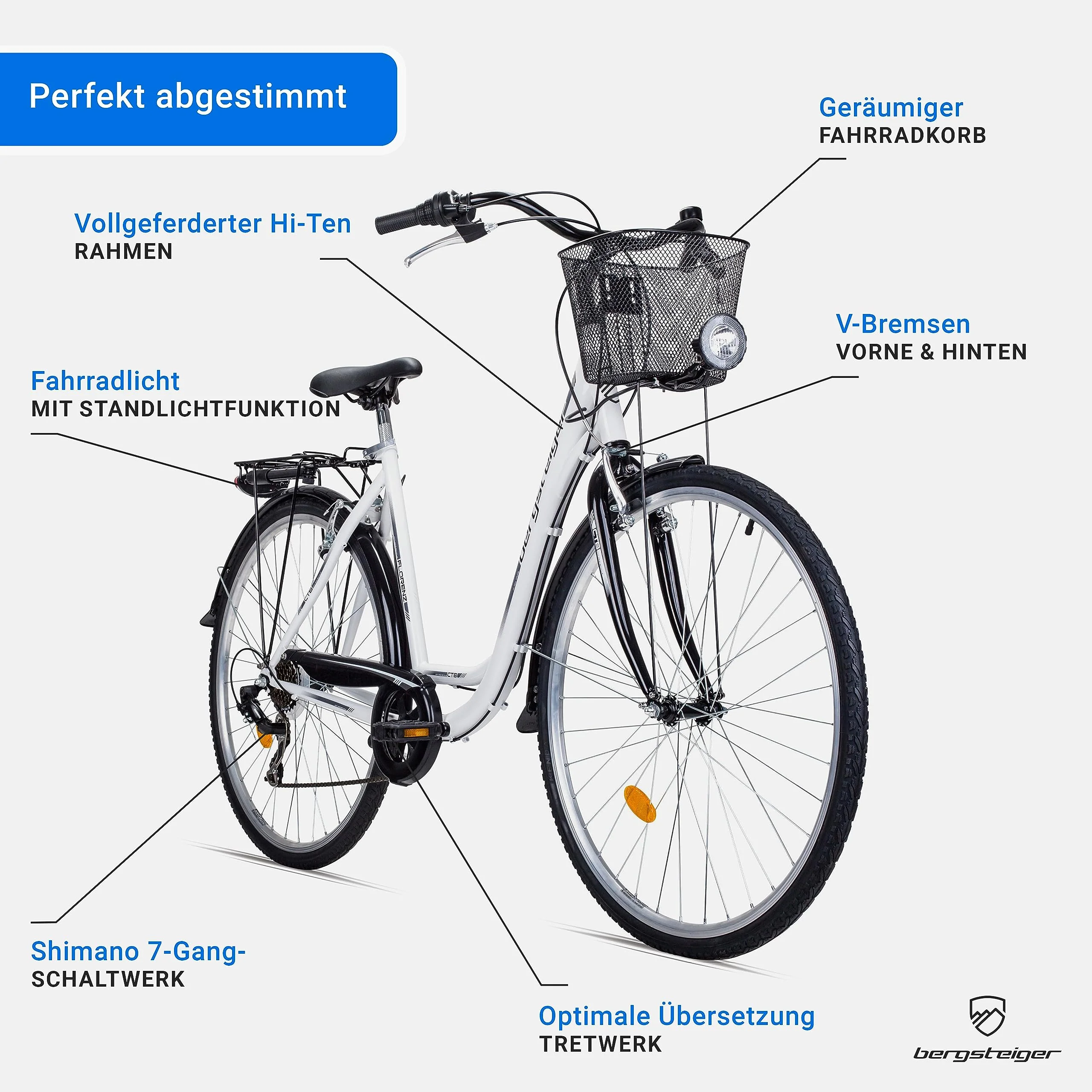 Bergsteiger Florenz 28 Zoll Damenfahrrad mit Korb, Beleuchtung & Schaltung, ab 160 cm, Damen Fahrrad mit Shimano 7 Gangschaltung, Retro Damenrad - Image 6