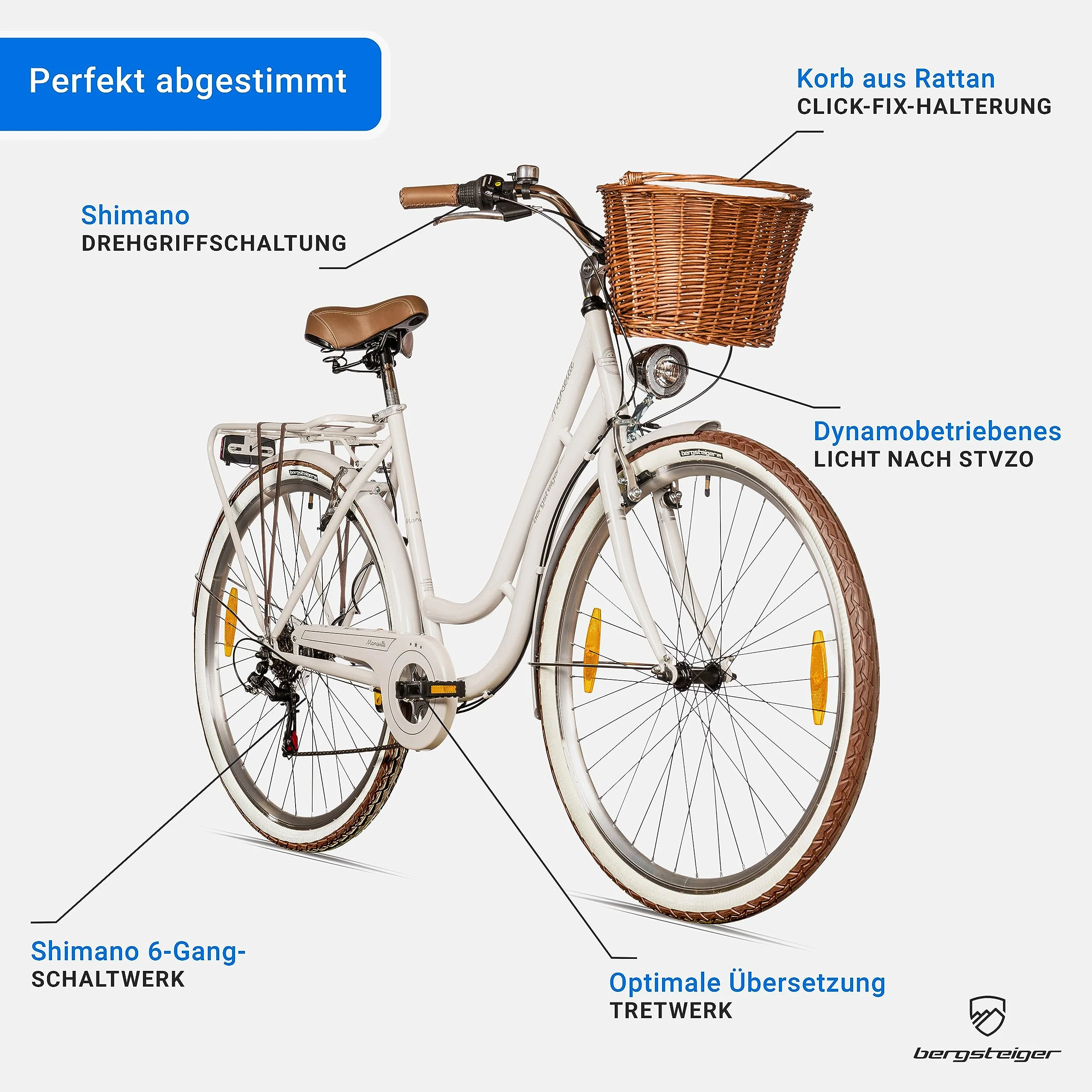 Bergsteiger Marseille 28 Zoll Damenfahrrad, ab 150 cm, Korb aus Rattan, Fahrrad-Licht, Damen-Citybike, Damenrad im Retro-Design«, 6 Gang Shimano Tourney Schaltung, Kettenschaltung - Image 3
