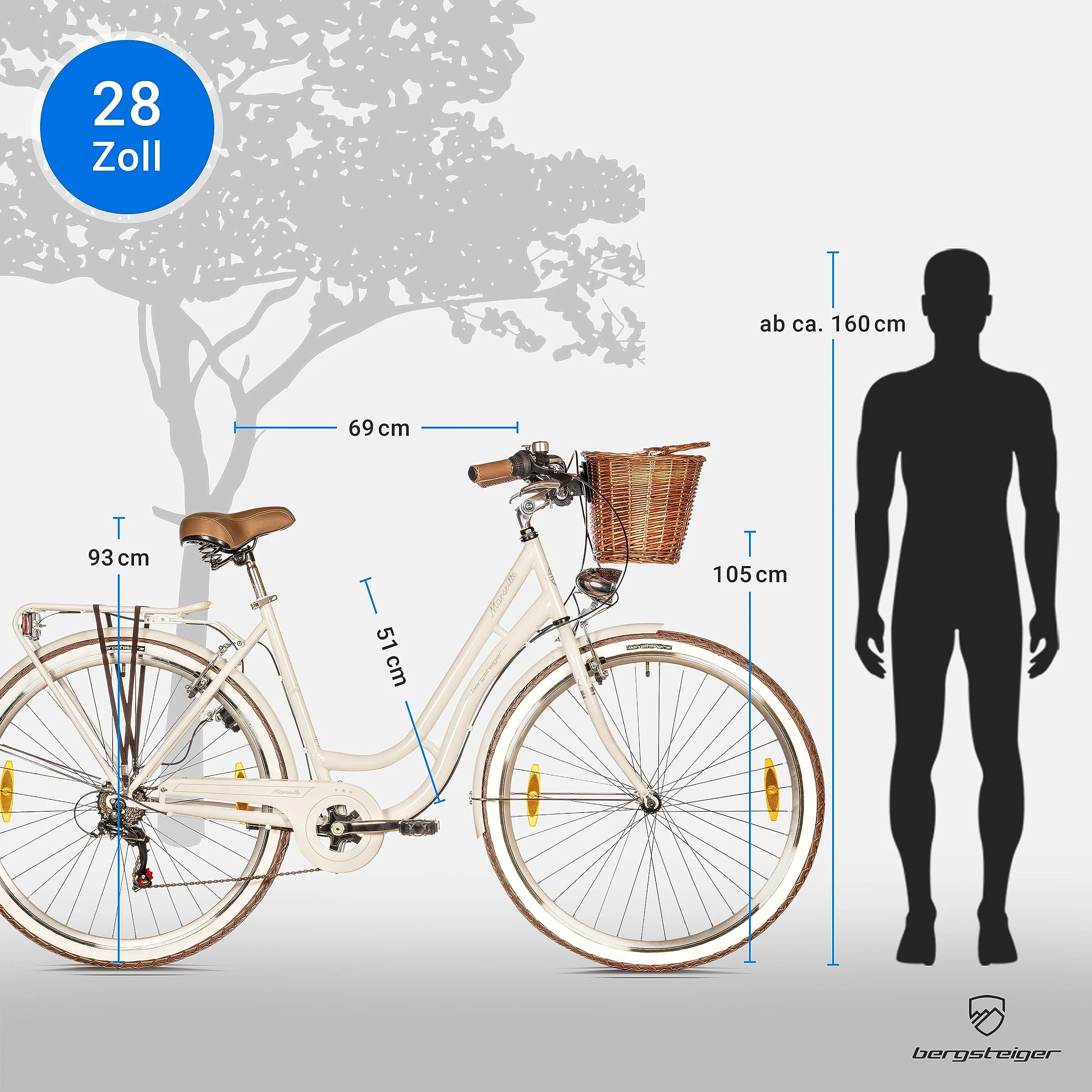 Bergsteiger Marseille 28 Zoll Damenfahrrad, ab 150 cm, Korb aus Rattan, Fahrrad-Licht, Damen-Citybike, Damenrad im Retro-Design«, 6 Gang Shimano Tourney Schaltung, Kettenschaltung - Image 7