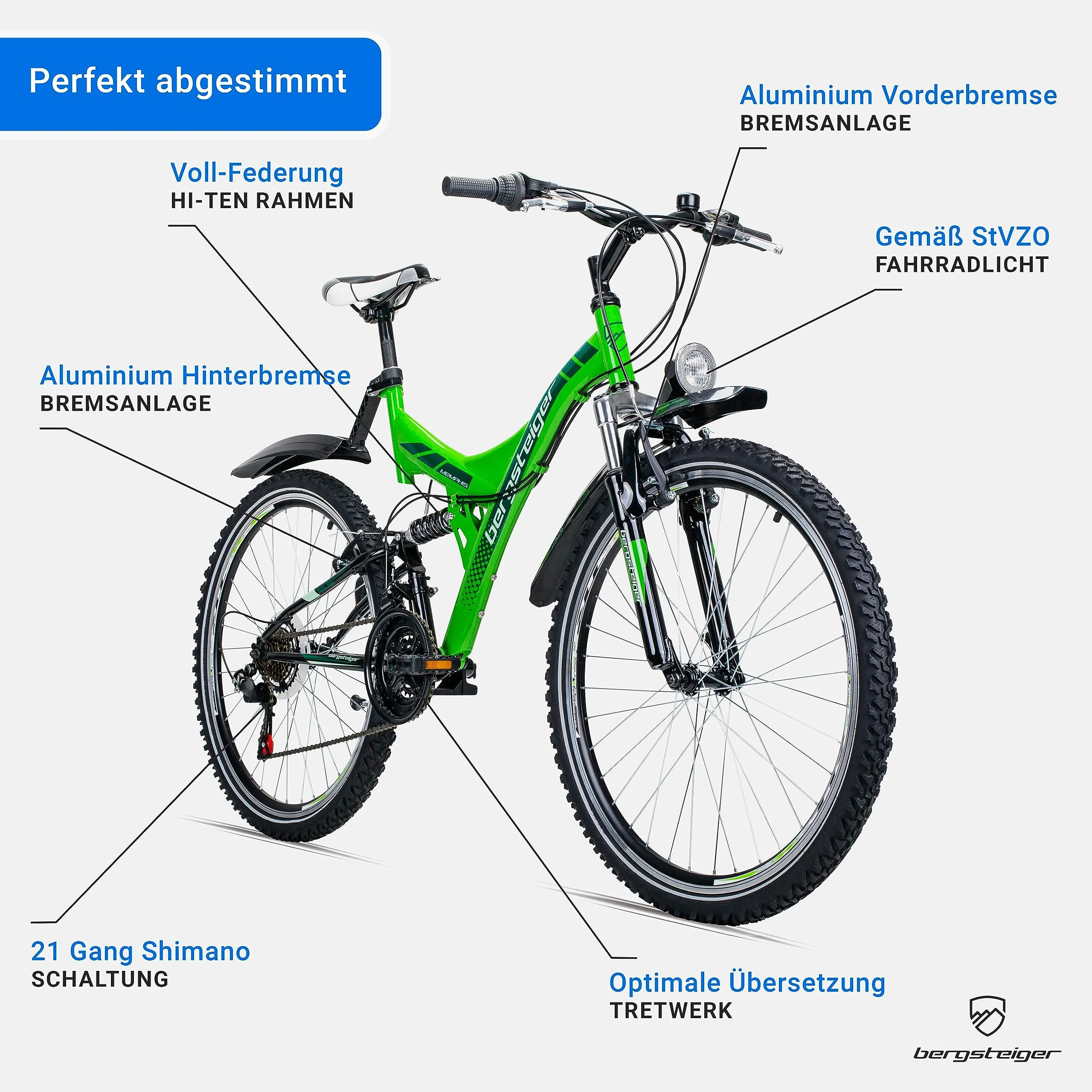 Bergsteiger Memphis 26 Zoll Mountainbike, geeignet ab 150 cm, Dynamo-Licht, StVZO, 21 Gang-Schaltung, Vollfederung, Jungen-Fahrrad & Herren-Fahrrad - Image 4