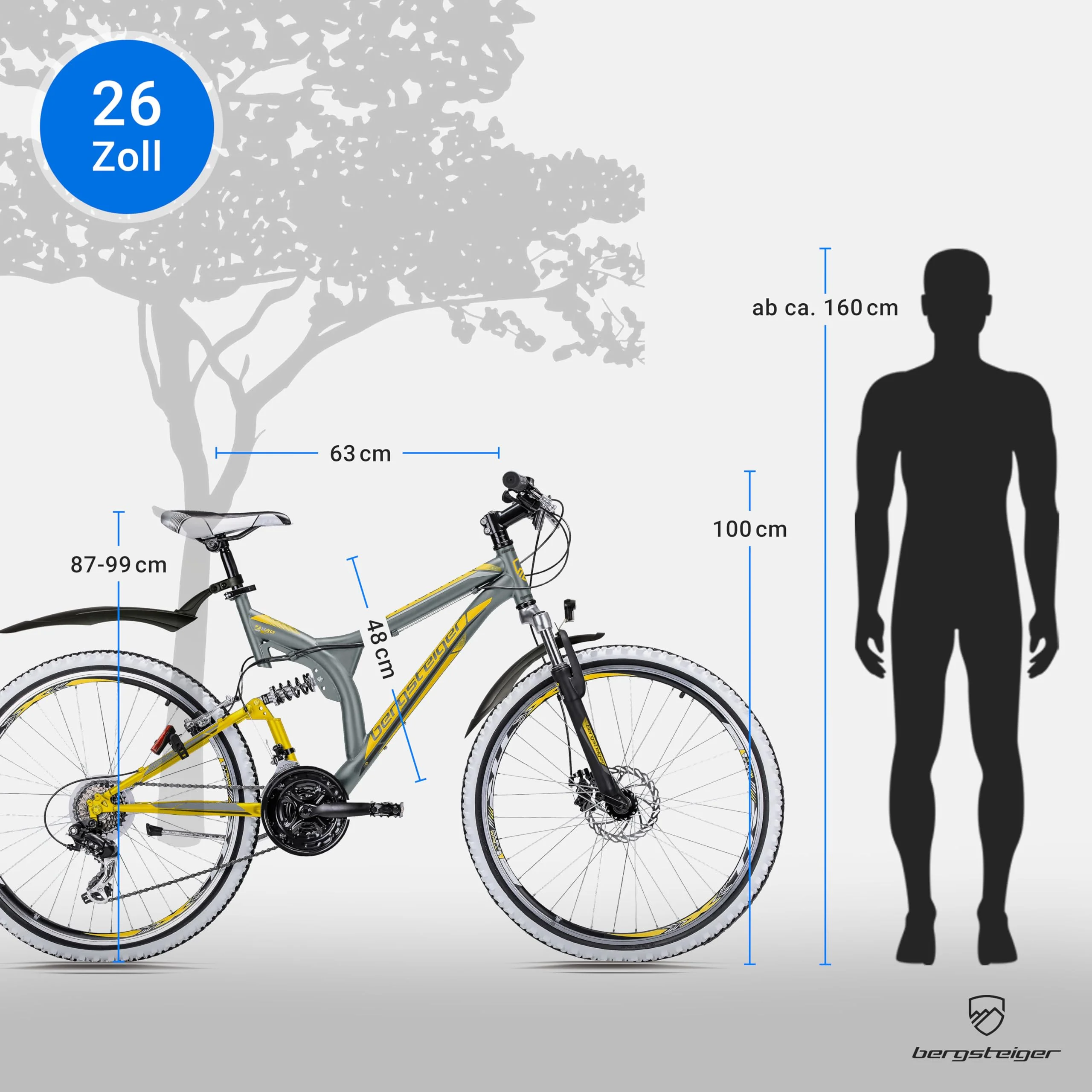 Bergsteiger Phoenix 26 Zoll Mountainbike, geeignet ab 160 cm, Scheibenbremse, Licht, Schutzblech, 21 Gang-Schaltung, Vollfederung - Image 3