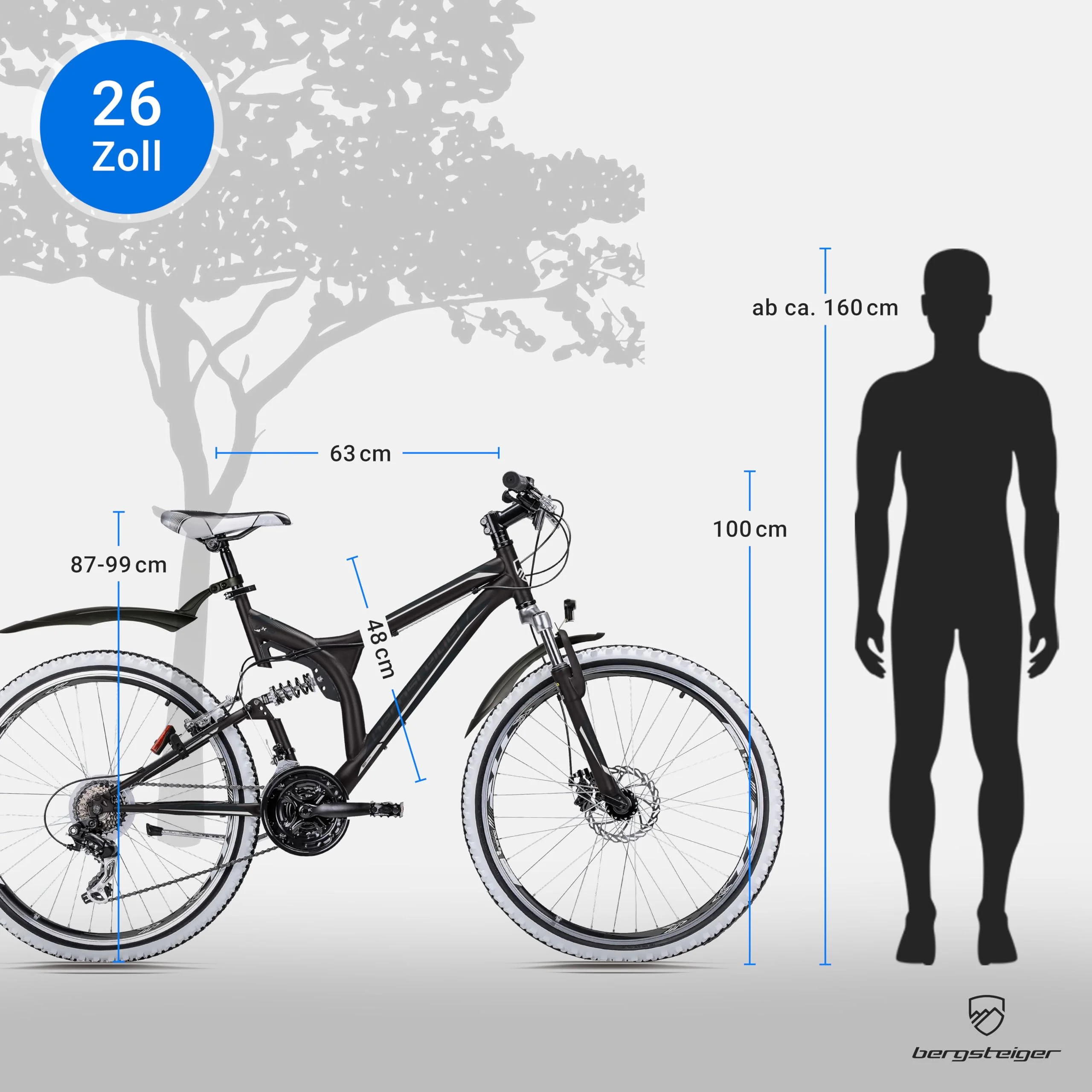 Bergsteiger Phoenix 26 Zoll Mountainbike, geeignet ab 160 cm, Scheibenbremse, Licht, Schutzblech, 21 Gang-Schaltung, Vollfederung - Image 3