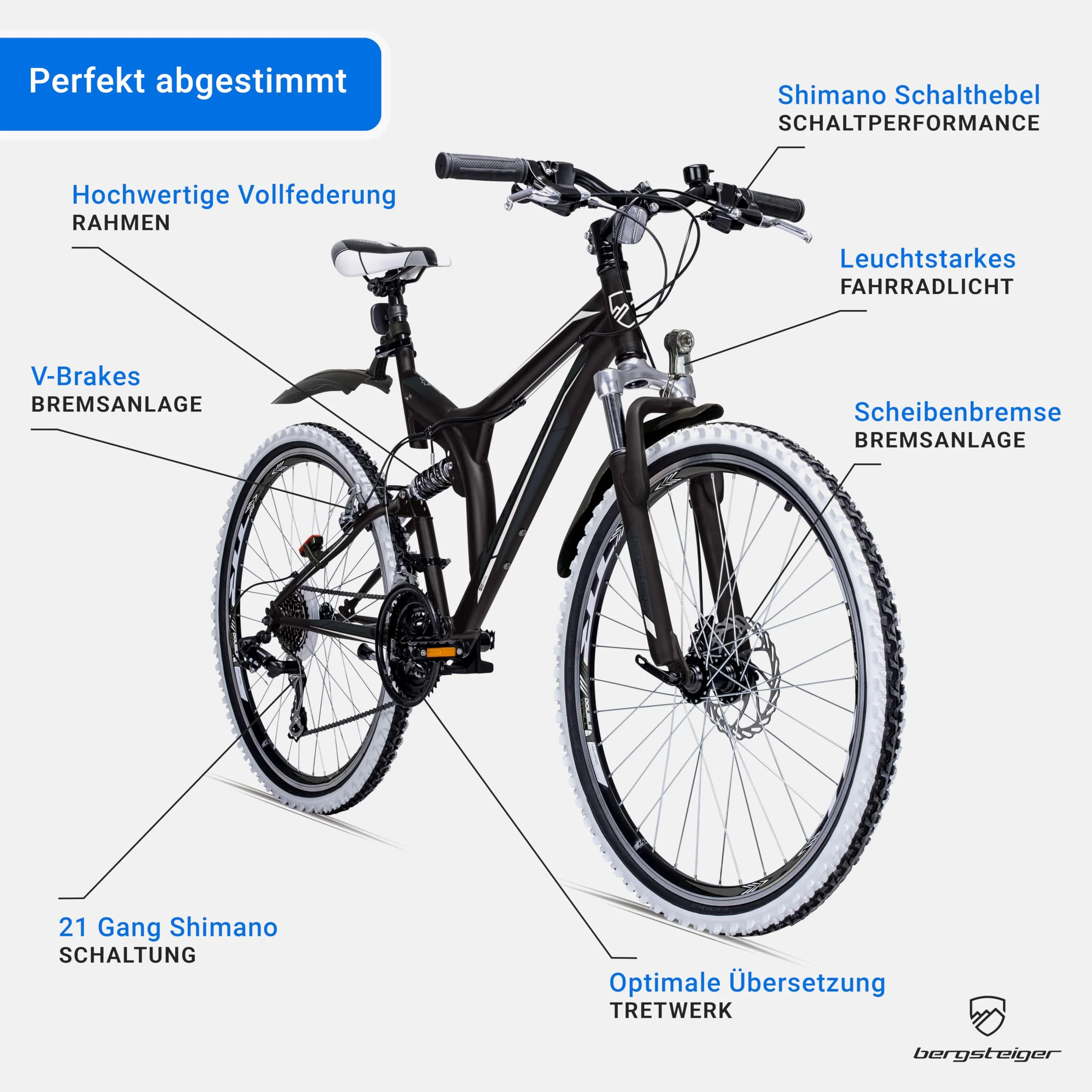 Bergsteiger Phoenix 26 Zoll Mountainbike, geeignet ab 160 cm, Scheibenbremse, Licht, Schutzblech, 21 Gang-Schaltung, Vollfederung - Image 4