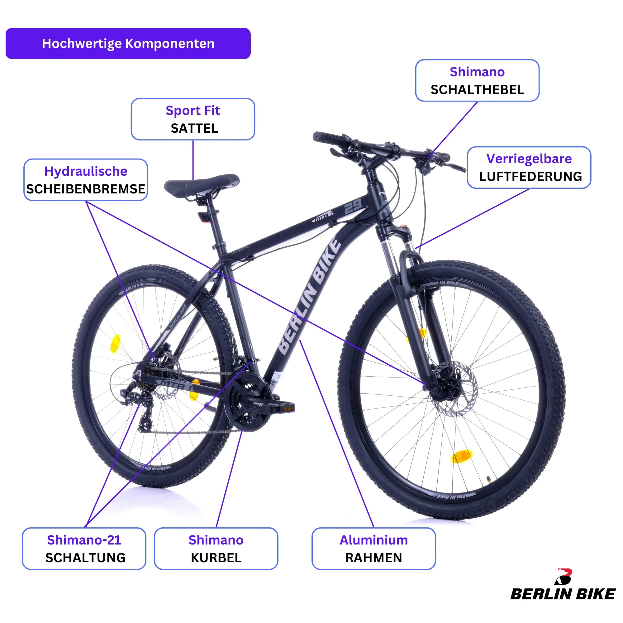 BERLIN BIKE Mountainbike MTB1 – mit komplettem Shimano Set - 21 Gang Shimano FD-TZ500/RD-TY300D, Dacron Hydraulische Scheibenbremsen (Schwarz-Silber, 27,5 Zoll und 51 cm Rahmenhöhe) - Image 3