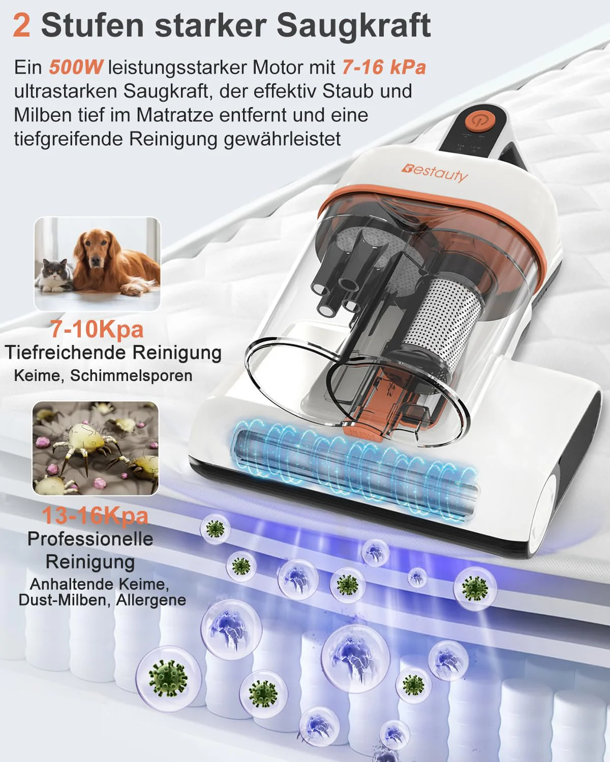 Bestauty Milbensauger für Matratzen, 2 Stufen starken Saugens 7-16 kPa Milbenstaubsauger 500W mit UV-Licht, 55°C Heißlufttrocknung, entfernt 99,9% Bakterien, Allergene, Staub-Milben für Betten,Sofas - Image 5
