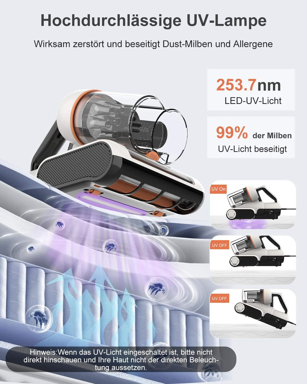 Bestauty Milbensauger für Matratzen, 2 Stufen starken Saugens 7-16 kPa Milbenstaubsauger 500W mit UV-Licht, 55°C Heißlufttrocknung, entfernt 99,9% Bakterien, Allergene, Staub-Milben für Betten,Sofas - Image 6
