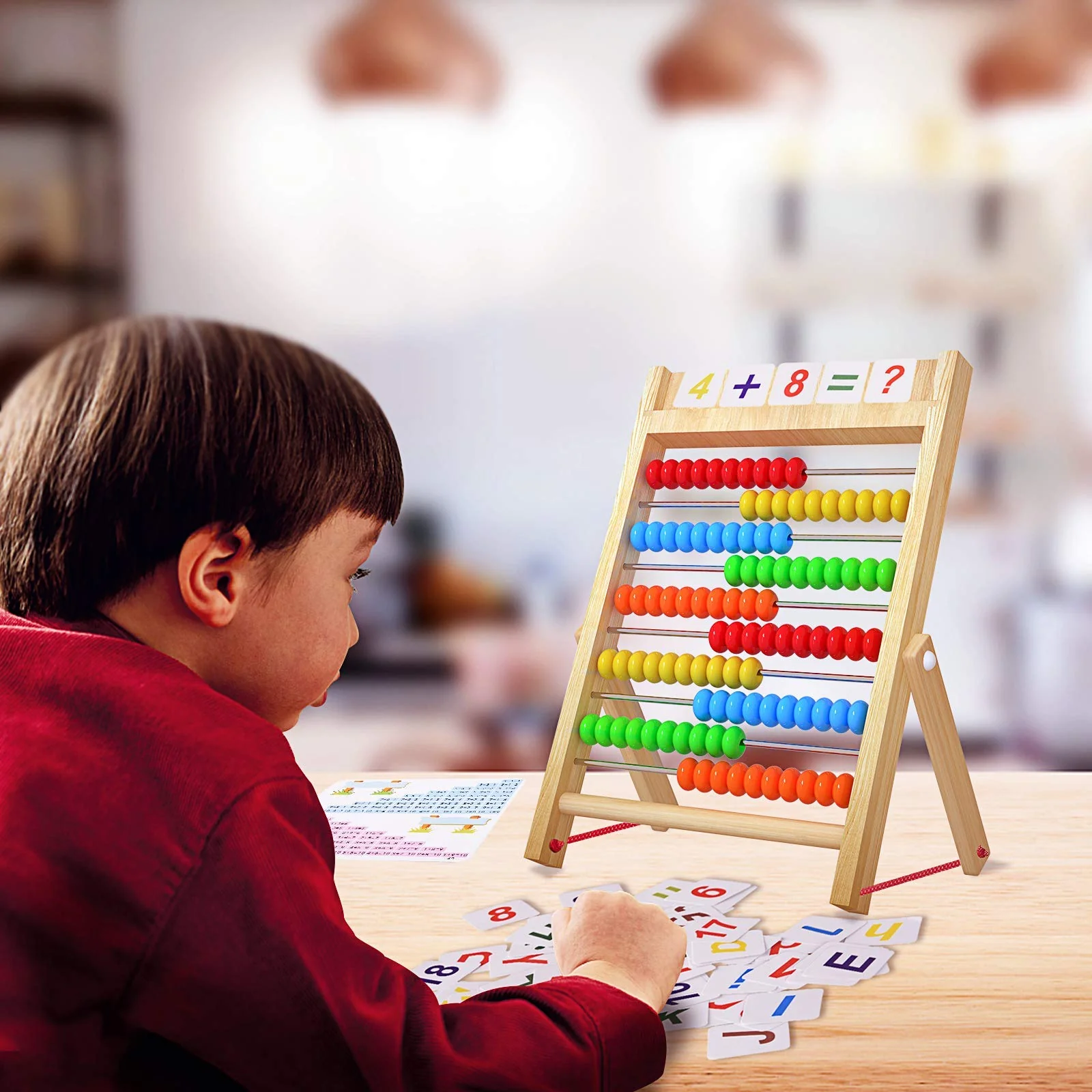 Bestdon Rechenschieber Rechenrahmen Kinder Grundschule Abakus zum Zählen und Rechnen 100 mehrfarbigen Perlen mit Zählstäbchen, Zahlenalphabetkarten - Image 7