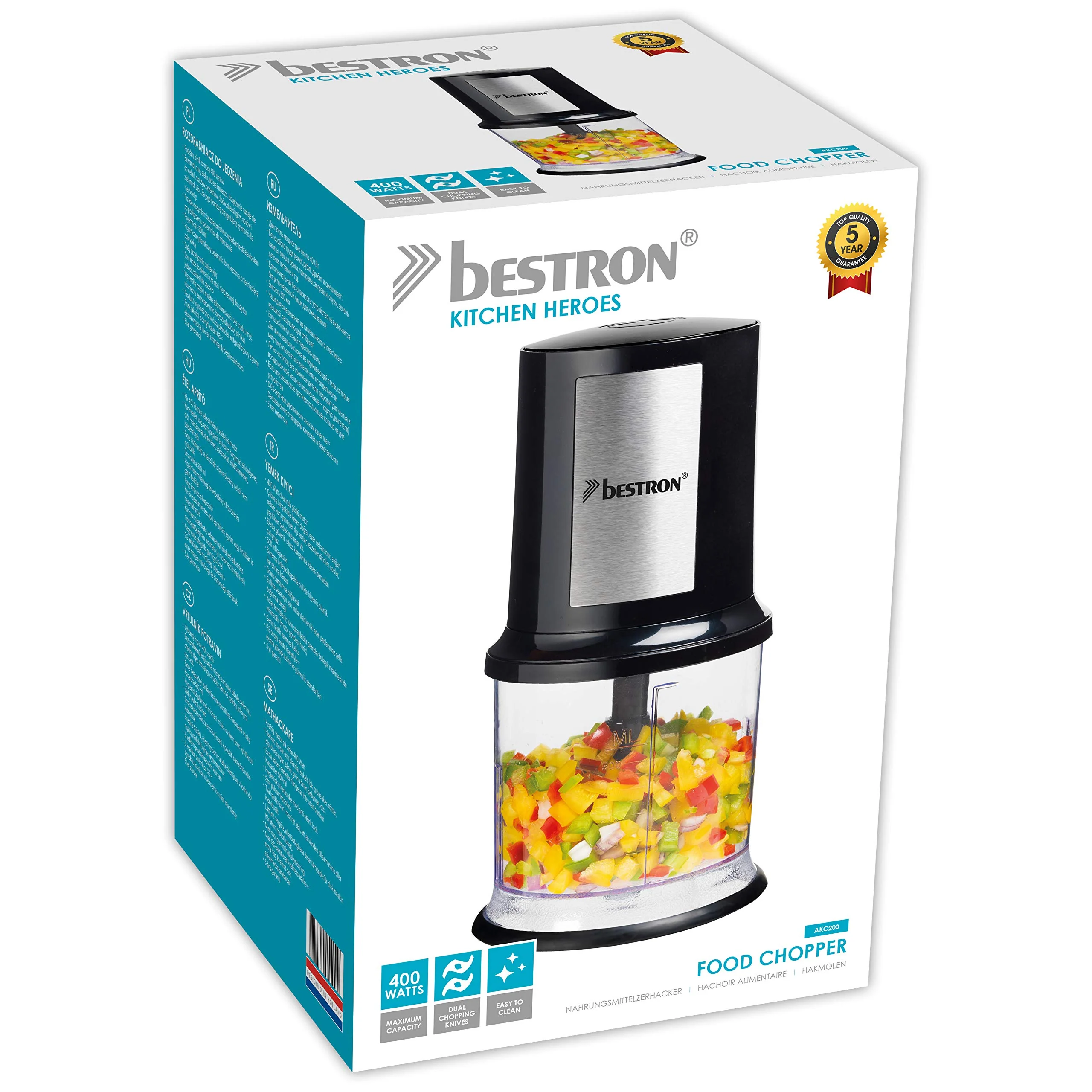 Bestron elektrischer Multi-Zerkleinerer, Universalzerkleinerer mit zwei Schneidemessern & 500ml Kapazität, große Pulstaste, 400 Watt, AKC200, Farbe: Schwarz / Silber - Image 3