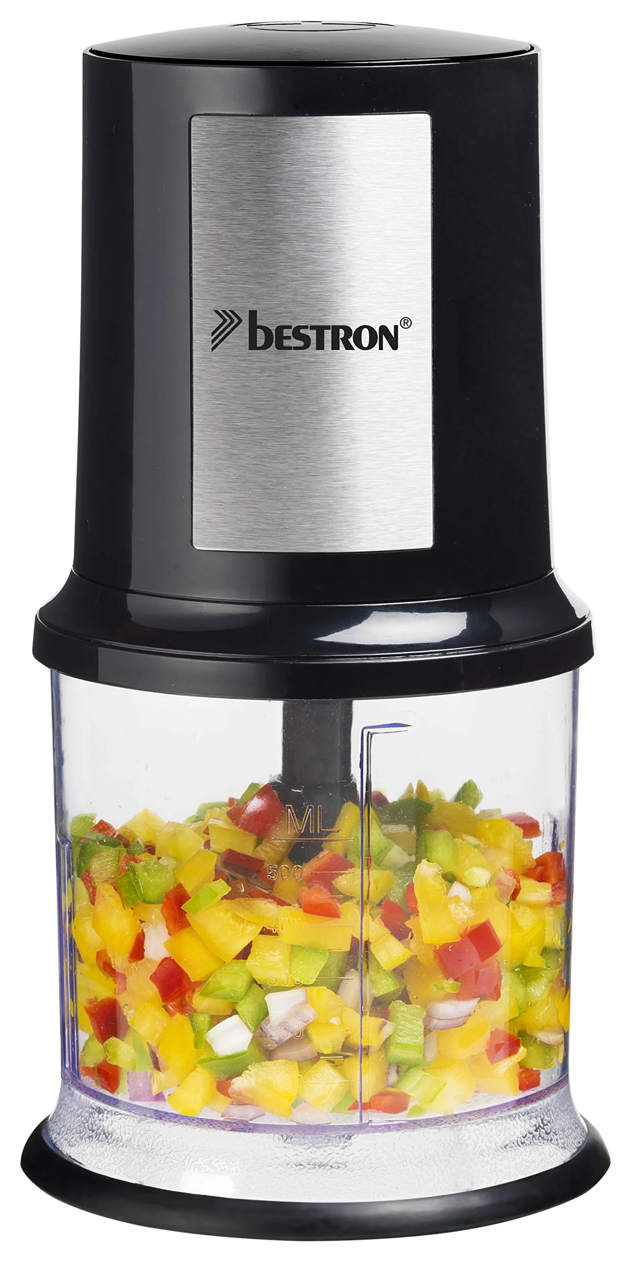 Bestron elektrischer Multi-Zerkleinerer, Universalzerkleinerer mit zwei Schneidemessern & 500ml Kapazität, große Pulstaste, 400 Watt, AKC200, Farbe: Schwarz / Silber - Image 5