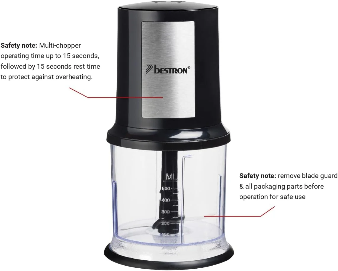 Bestron elektrischer Multi-Zerkleinerer, Universalzerkleinerer mit zwei Schneidemessern & 500ml Kapazität, große Pulstaste, 400 Watt, AKC200, Farbe: Schwarz / Silber - Image 6