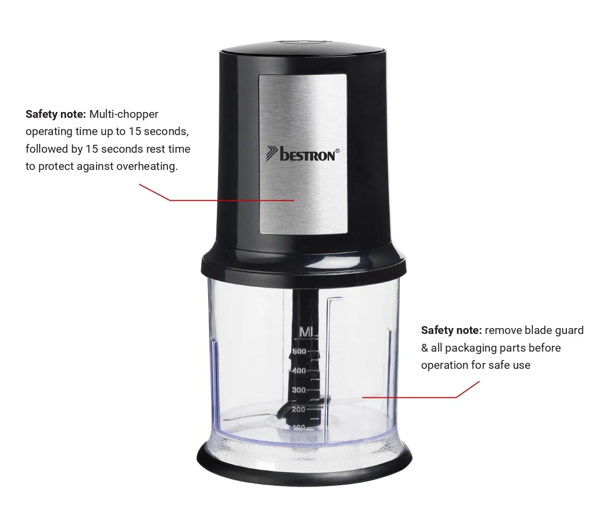 Bestron elektrischer Multi-Zerkleinerer, Universalzerkleinerer mit zwei Schneidemessern & 500ml Kapazität, große Pulstaste, 400 Watt, AKC200, Farbe: Schwarz / Silber - Image 7