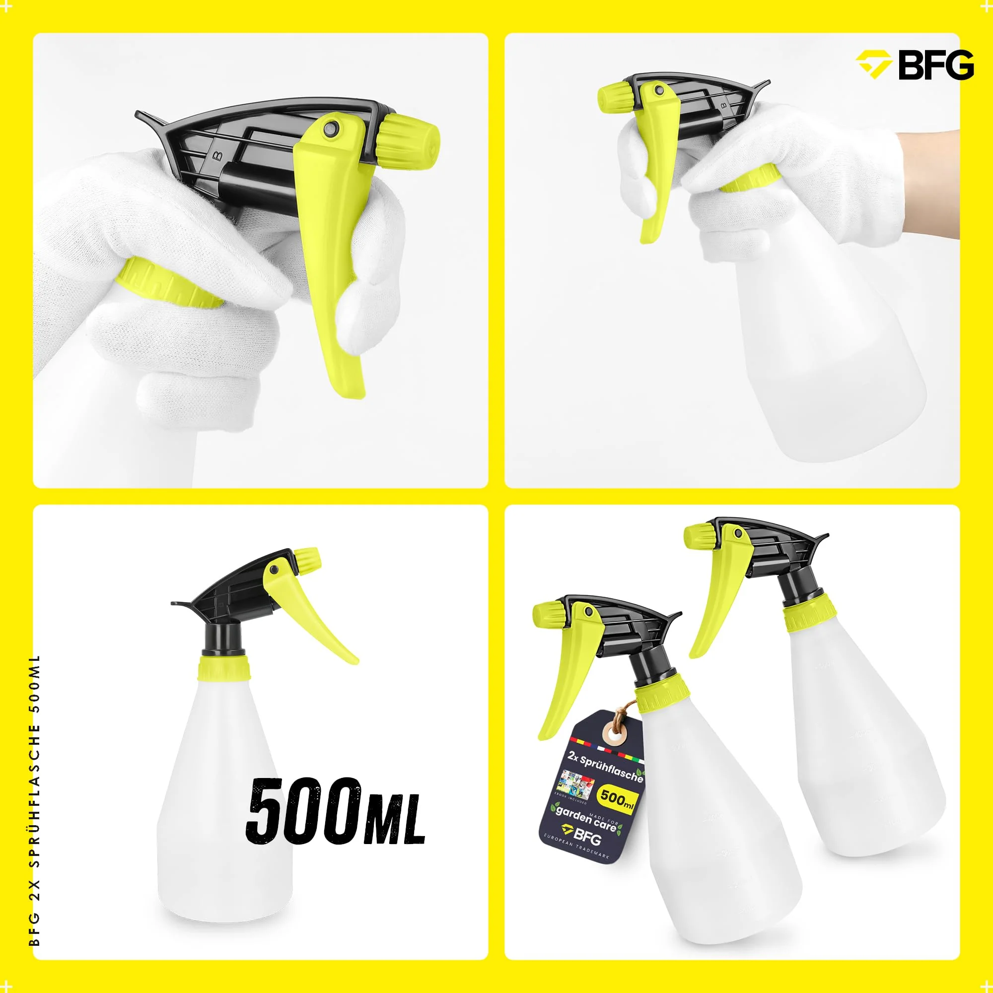 BFG 2x Sprühflasche 500ml - Sprühflasche für Haushalt und Pflanzen, Wassersprühflasche mit Verstellbarer Düse zum Bügeln, Nebelsprühflasche für Pflanzen und Küche, Blumensprüher für den Pflanzenschutz - Image 6